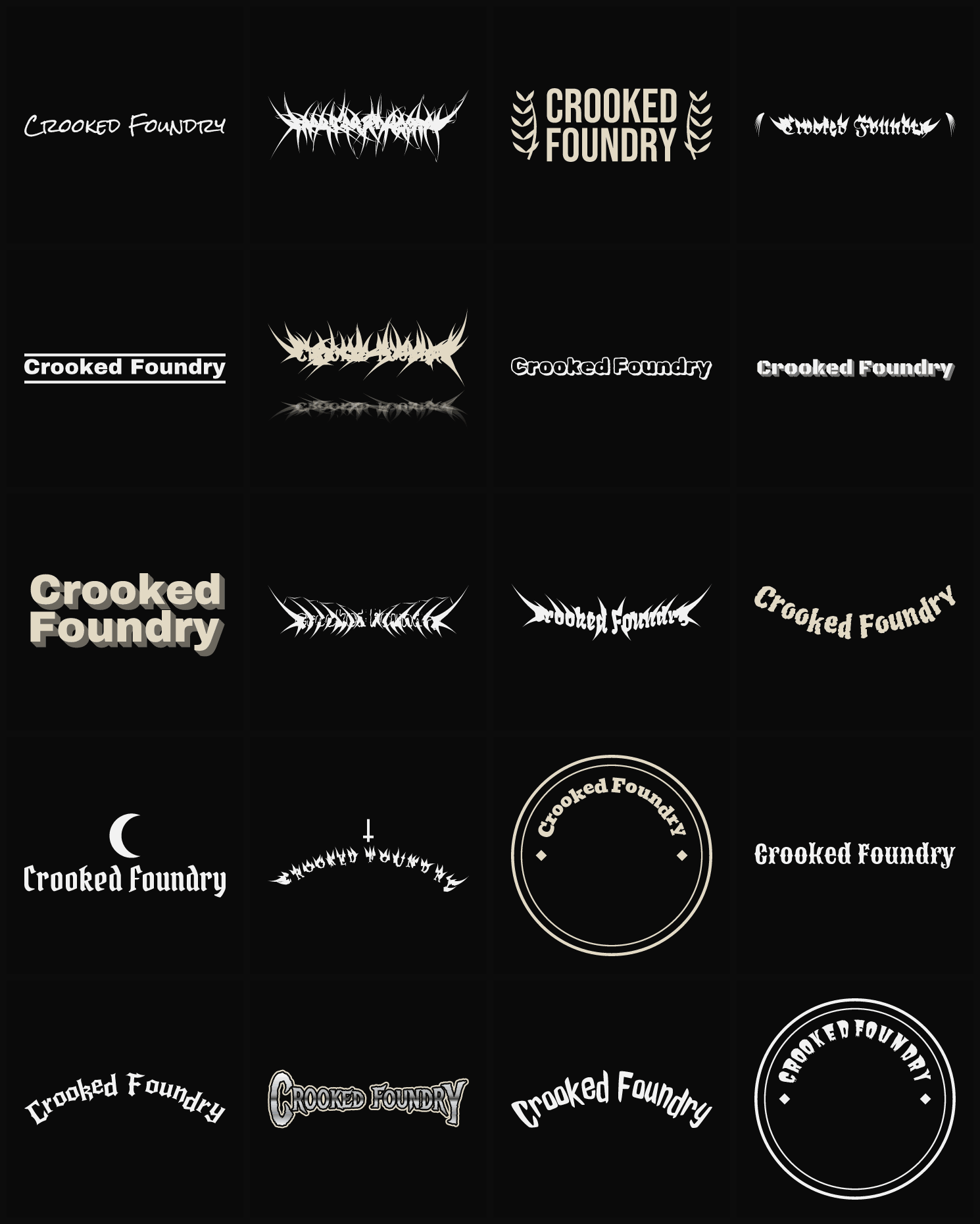 Twenty Crooked Foundry band logo ideas — different faces, treatments and spike settings