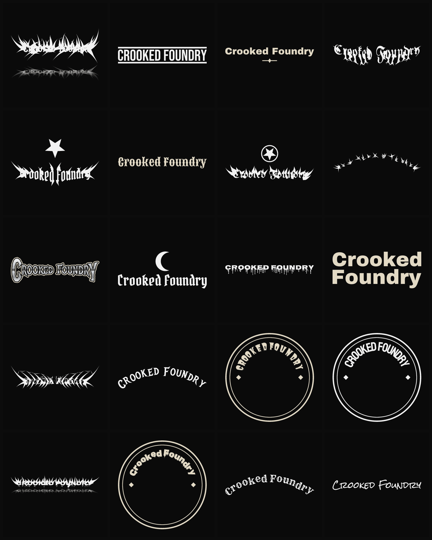 Twenty Crooked Foundry band logo ideas — different faces, treatments and spike settings