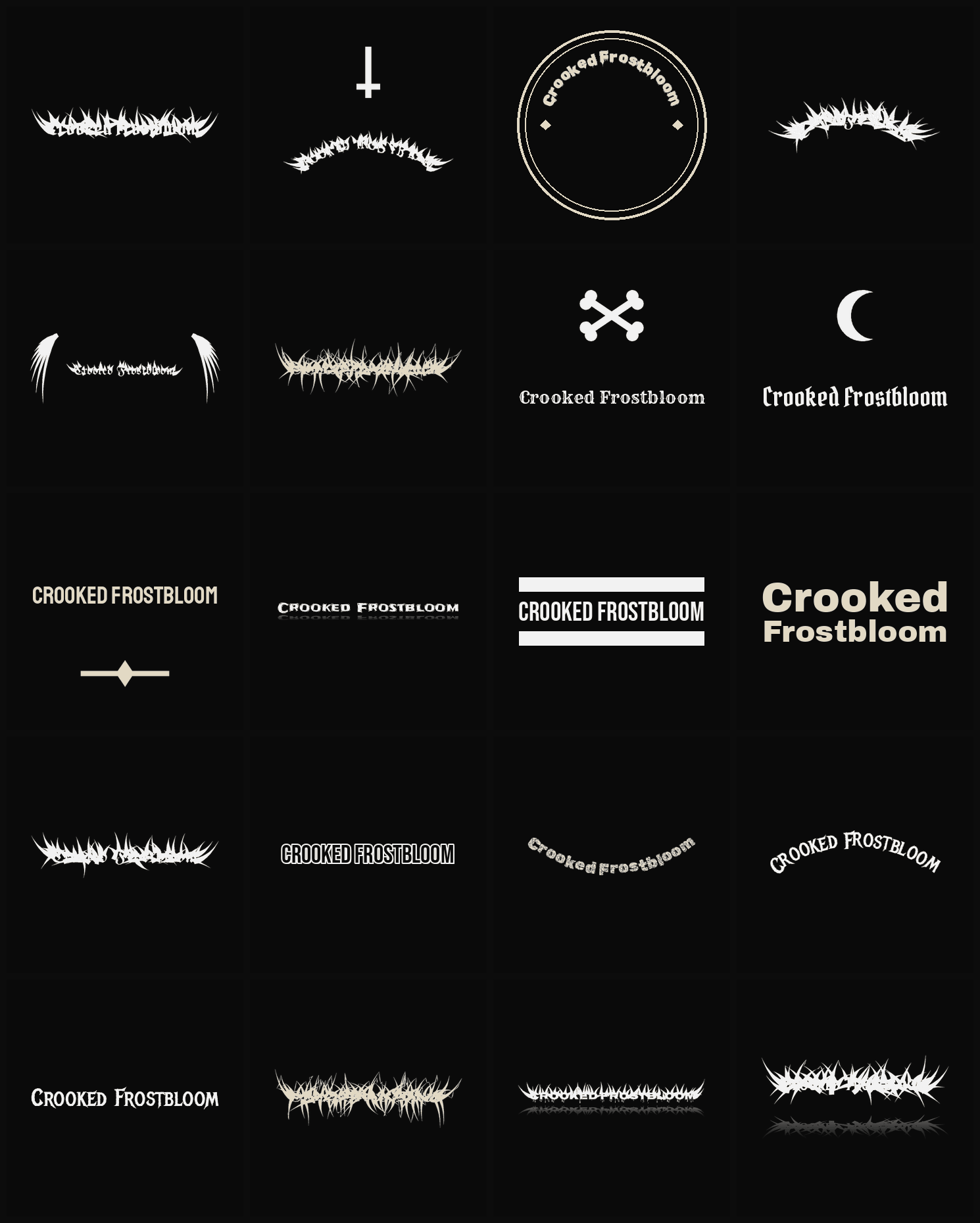 Twenty Crooked Frostbloom band logo ideas — different faces, treatments and spike settings