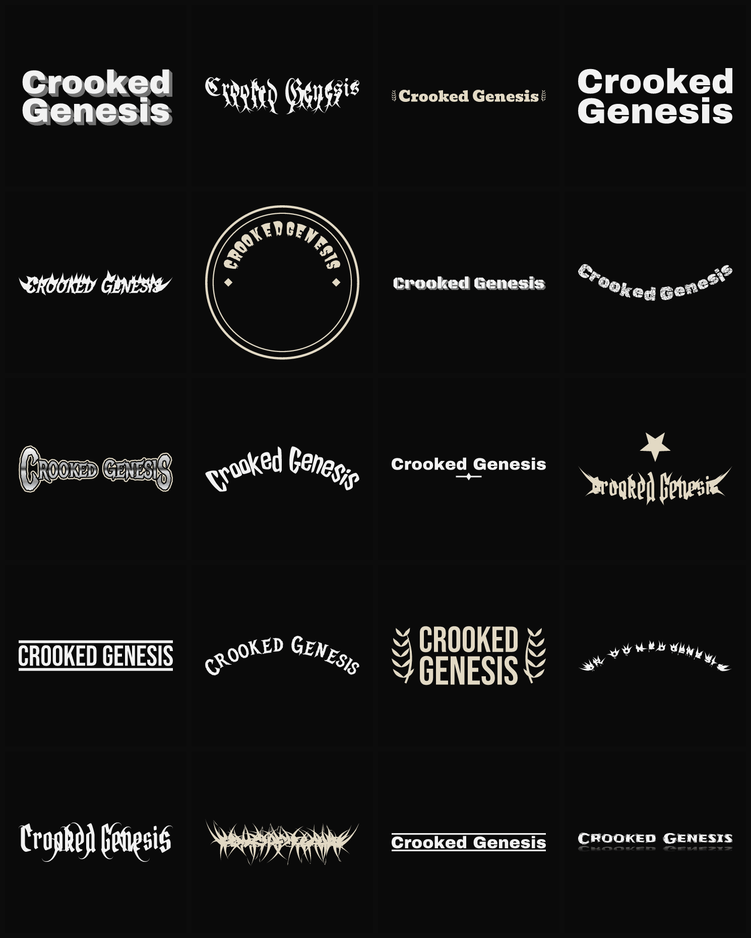 Twenty Crooked Genesis band logo ideas — different faces, treatments and spike settings