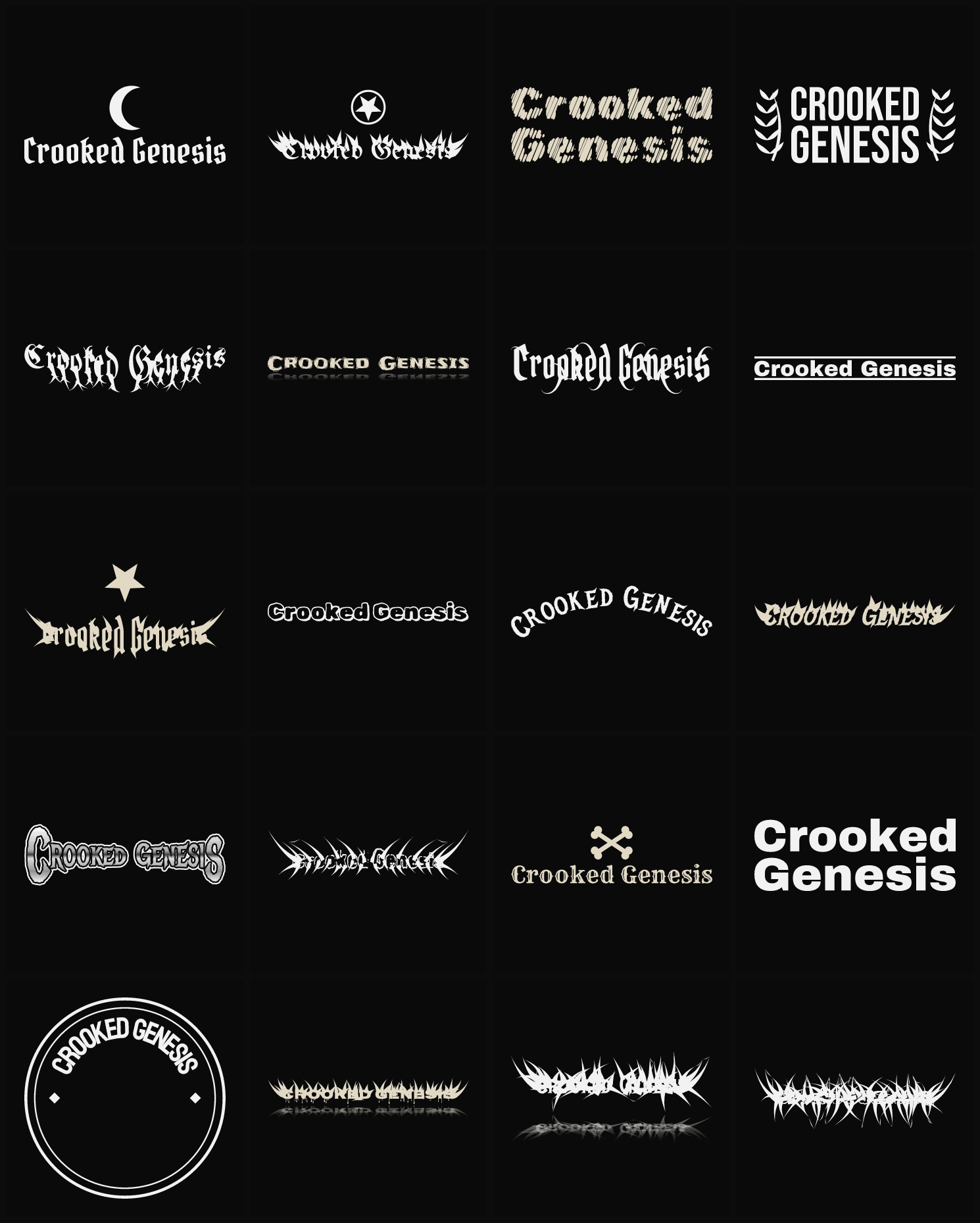 Twenty Crooked Genesis band logo ideas — different faces, treatments and spike settings