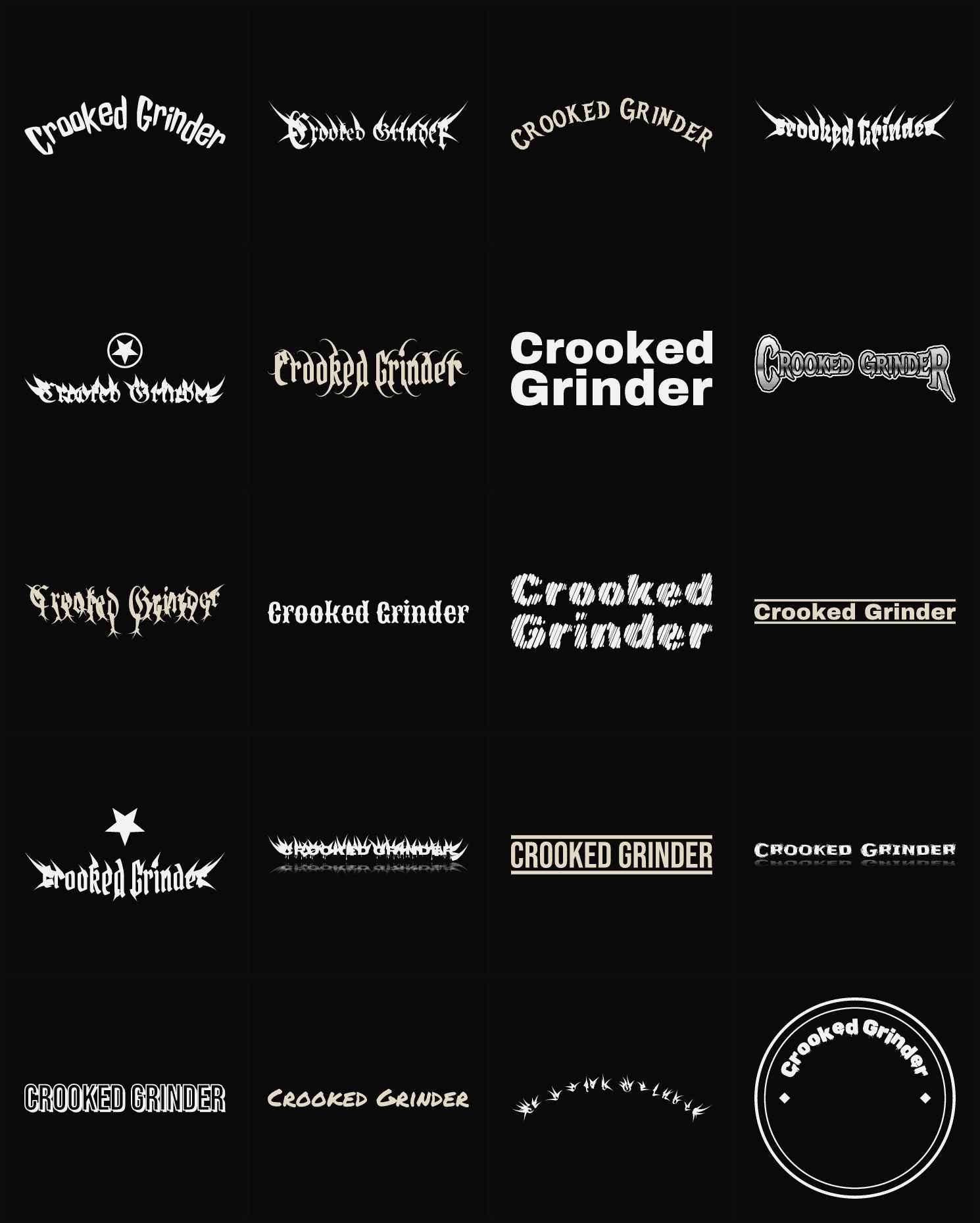 Twenty Crooked Grinder band logo ideas — different faces, treatments and spike settings