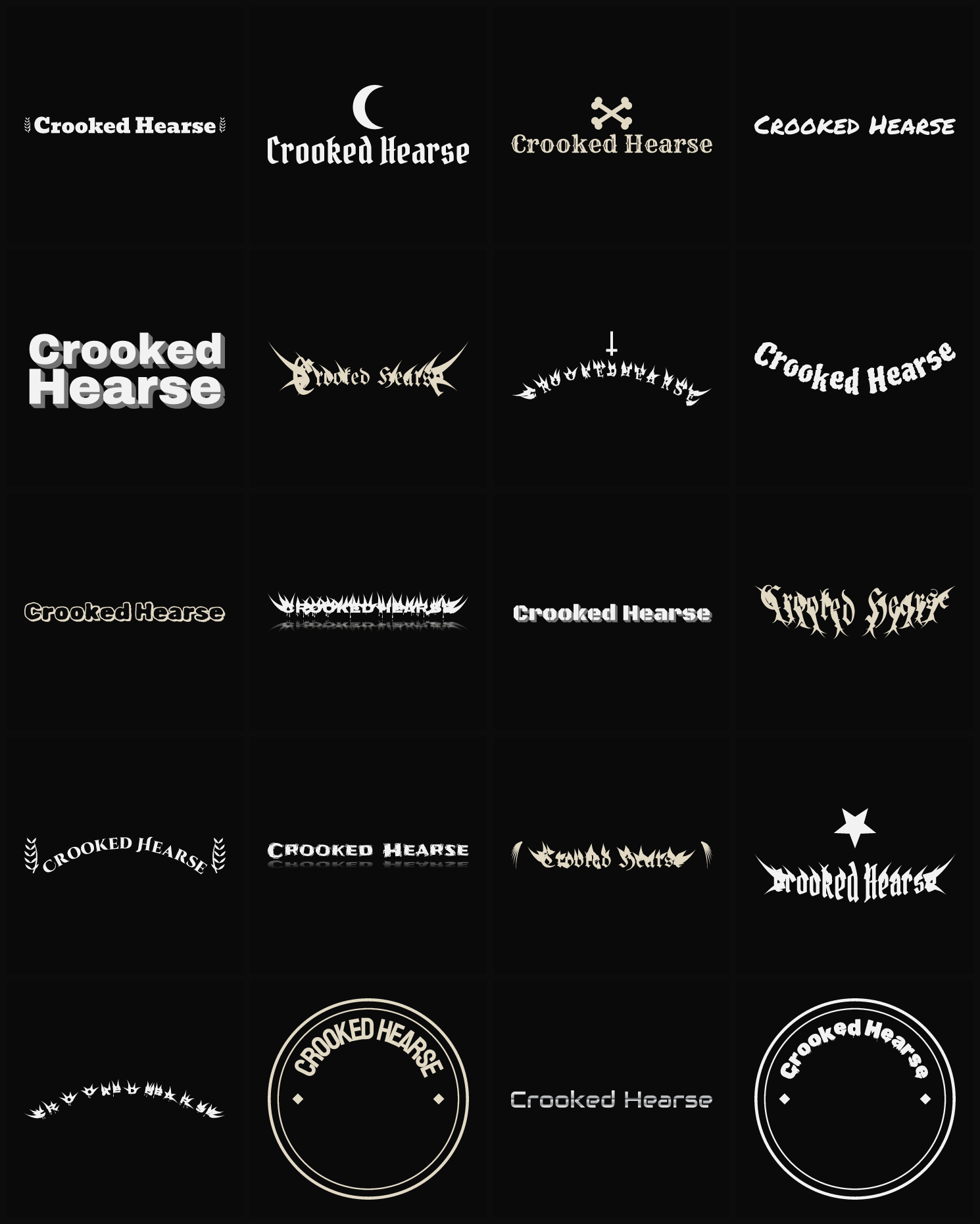 Twenty Crooked Hearse band logo ideas — different faces, treatments and spike settings