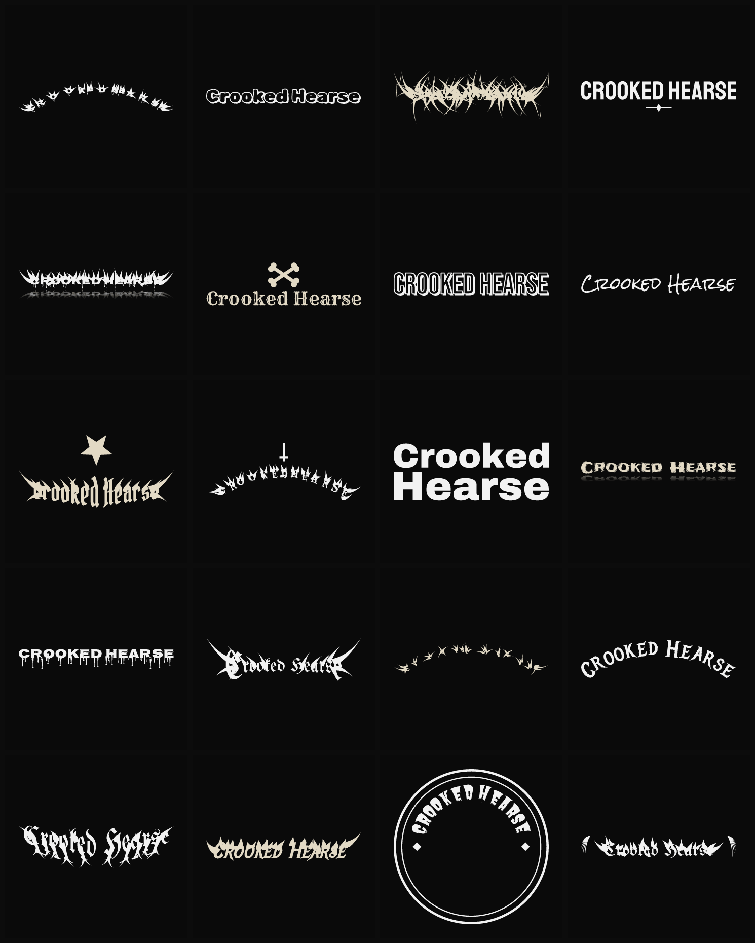 Twenty Crooked Hearse band logo ideas — different faces, treatments and spike settings