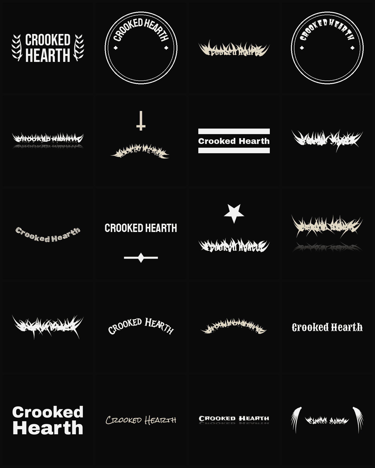 Twenty Crooked Hearth band logo ideas — different faces, treatments and spike settings