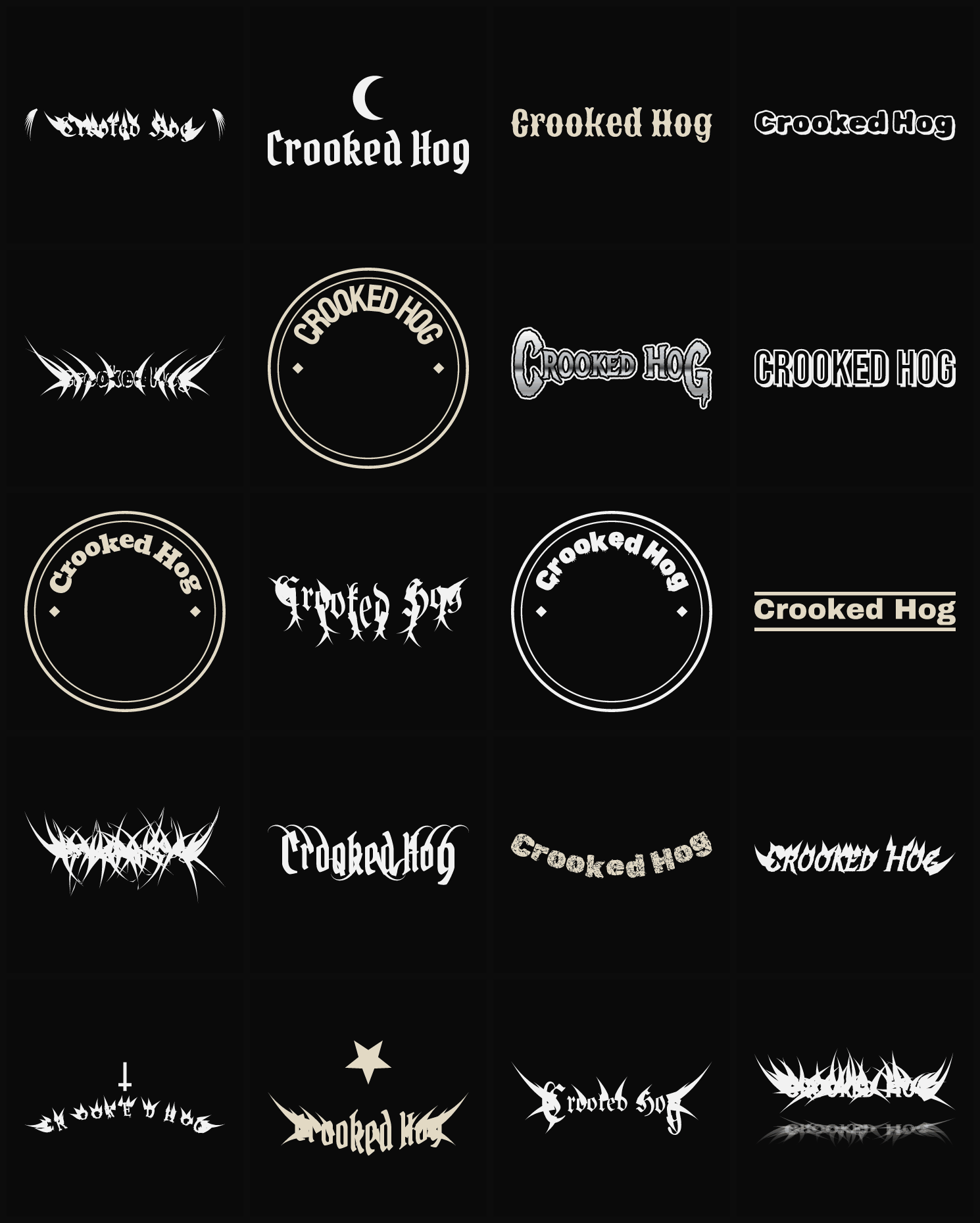 Twenty Crooked Hog band logo ideas — different faces, treatments and spike settings
