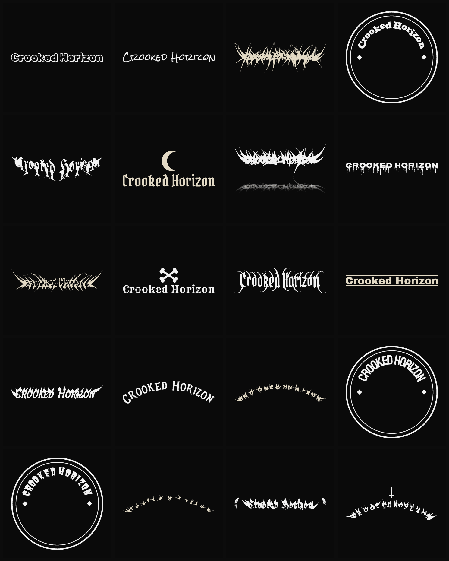 Twenty Crooked Horizon band logo ideas — different faces, treatments and spike settings