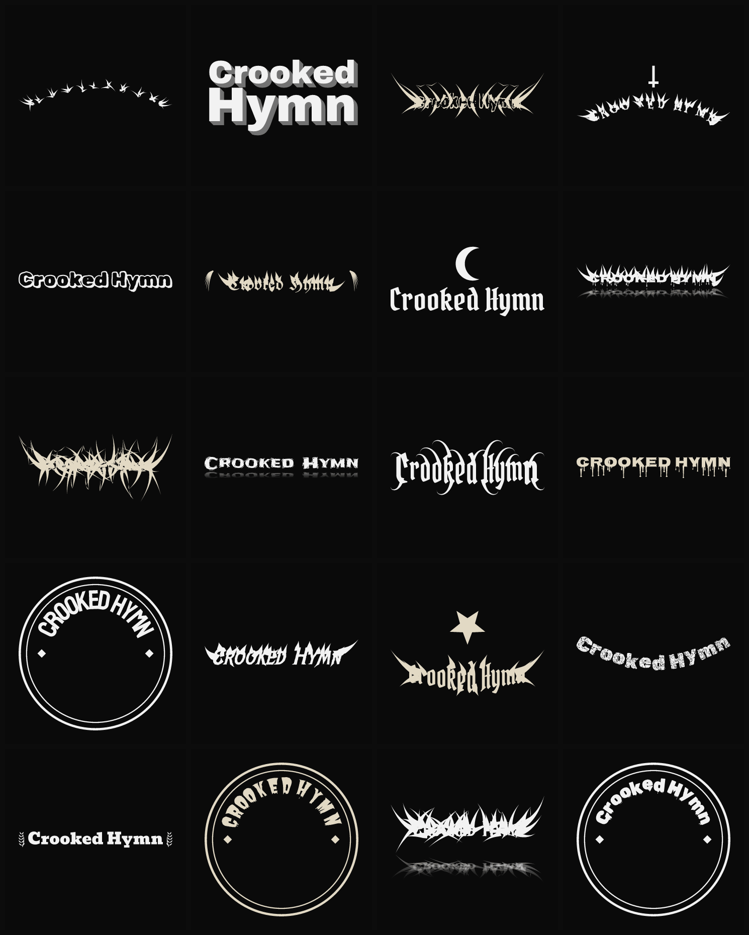 Twenty Crooked Hymn band logo ideas — different faces, treatments and spike settings