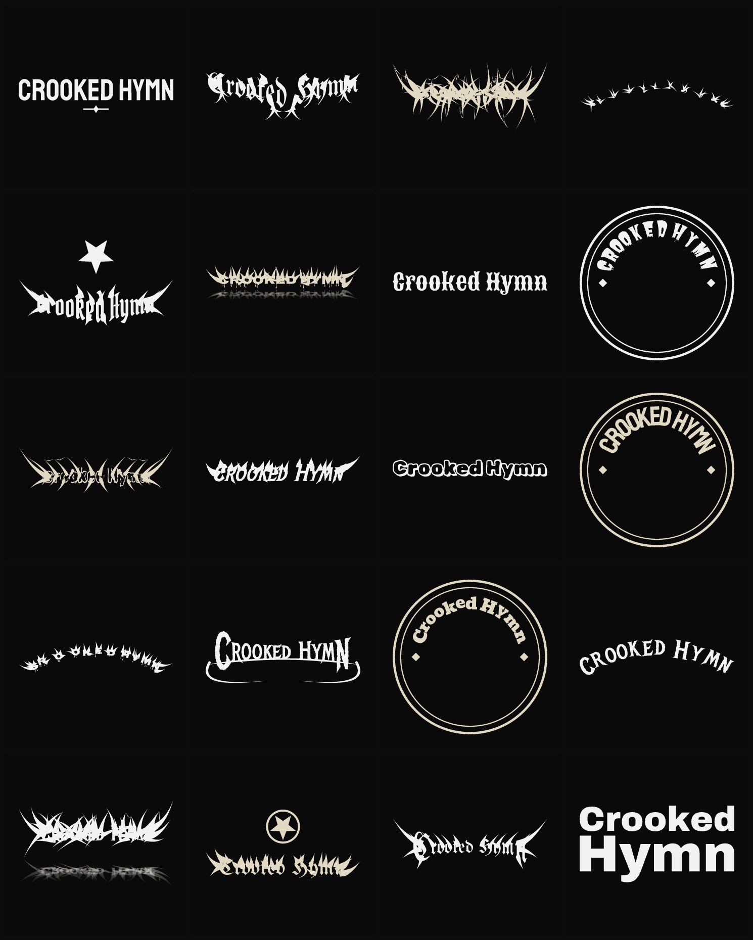 Twenty Crooked Hymn band logo ideas — different faces, treatments and spike settings