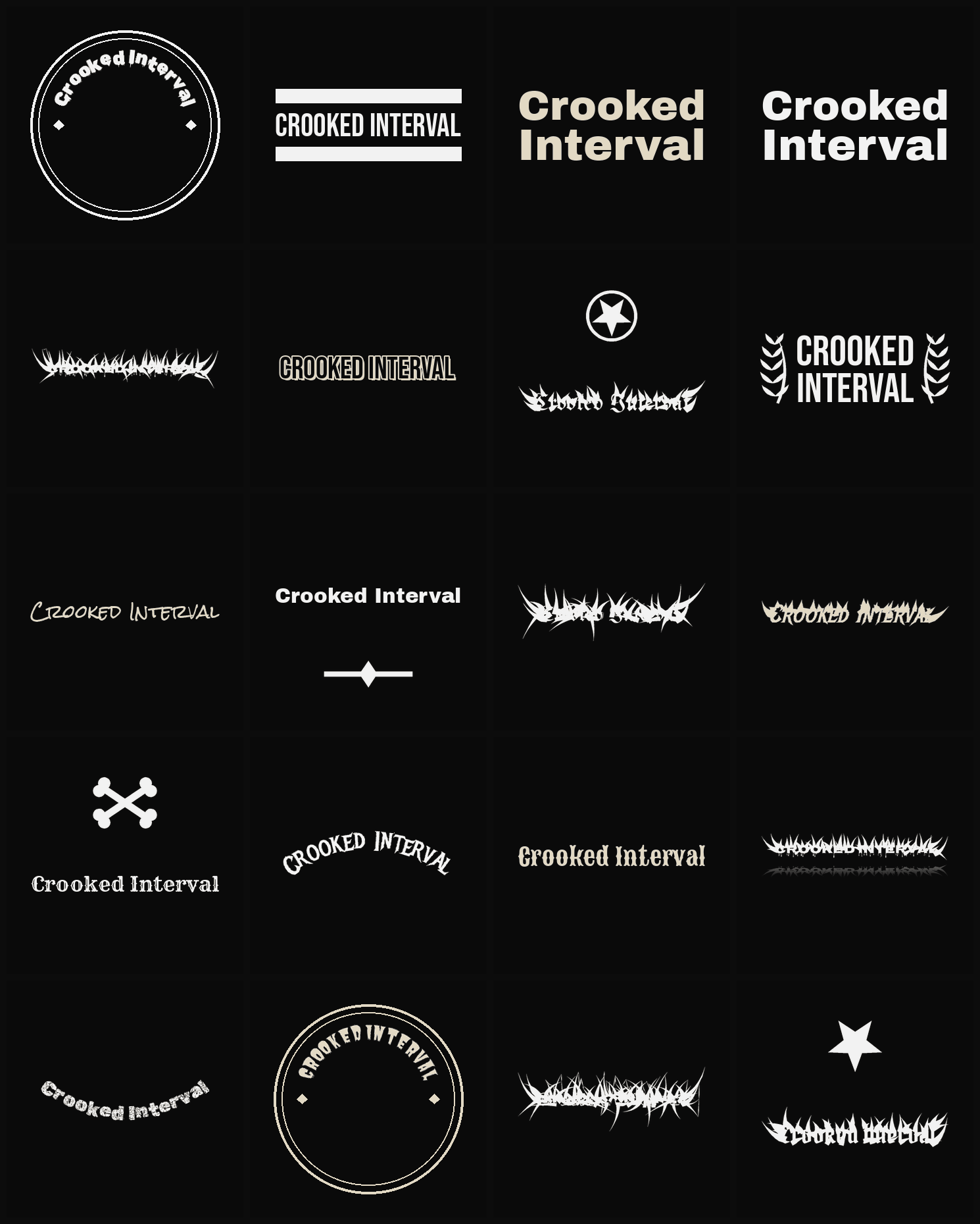 Twenty Crooked Interval band logo ideas — different faces, treatments and spike settings