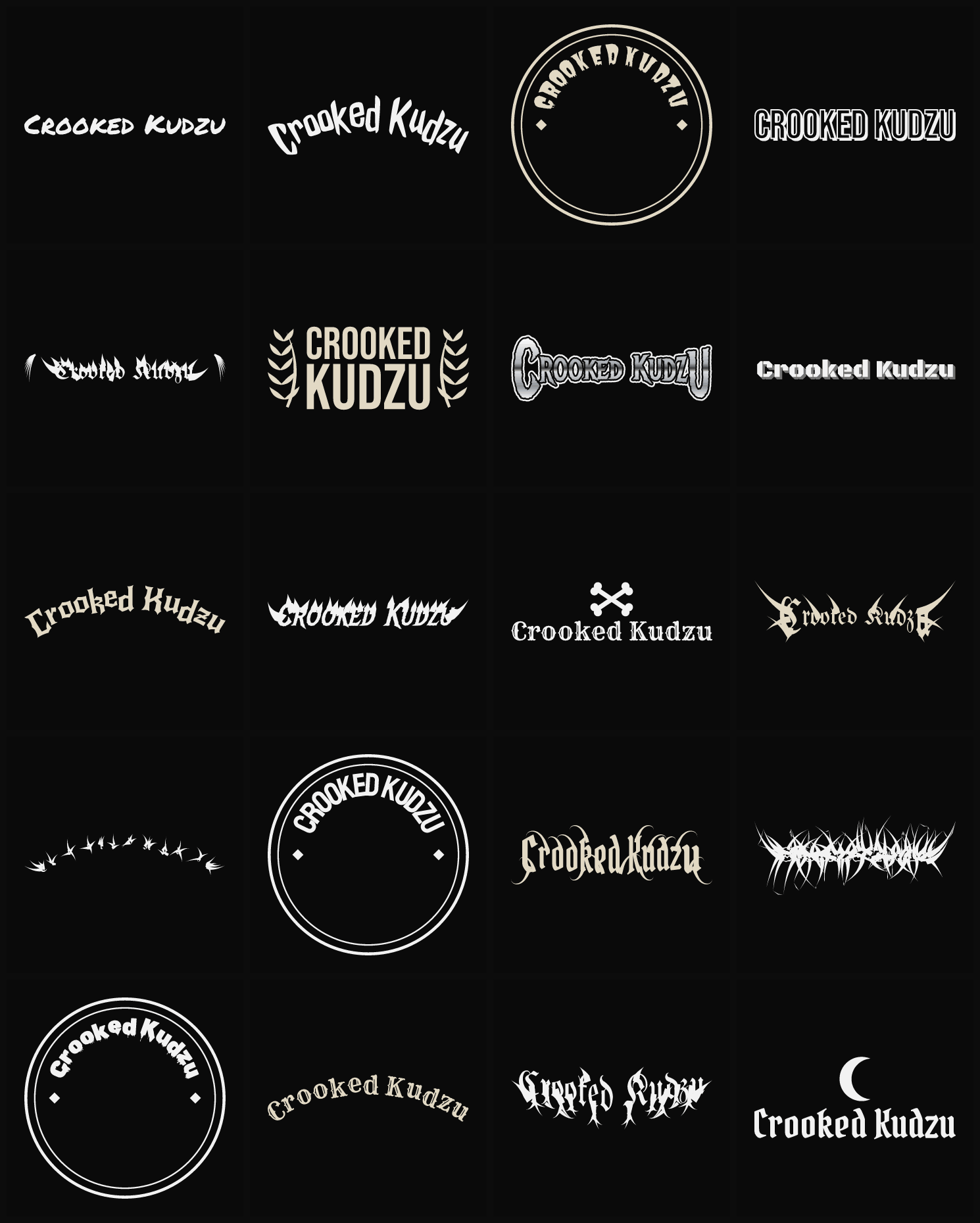 Twenty Crooked Kudzu band logo ideas — different faces, treatments and spike settings