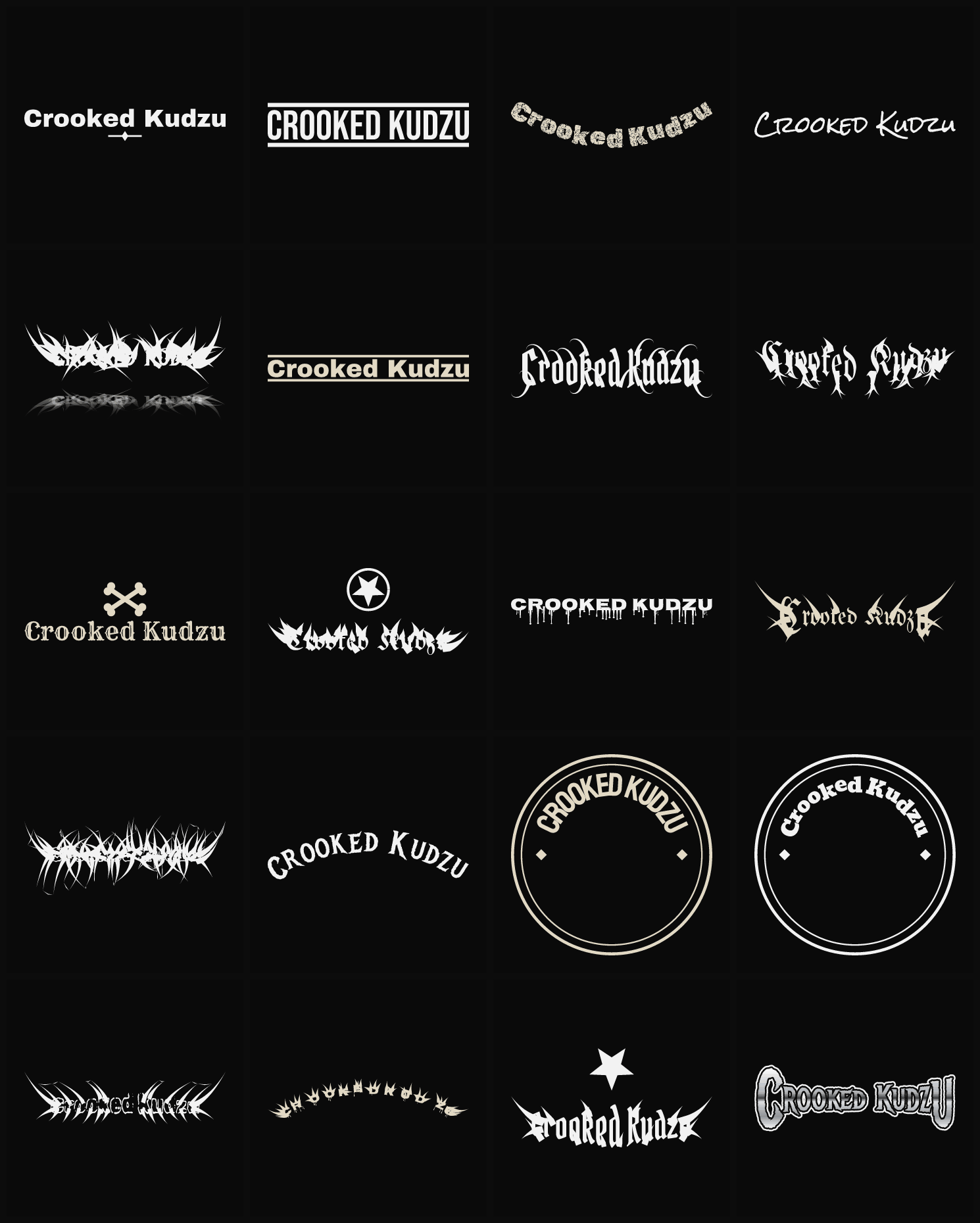 Twenty Crooked Kudzu band logo ideas — different faces, treatments and spike settings