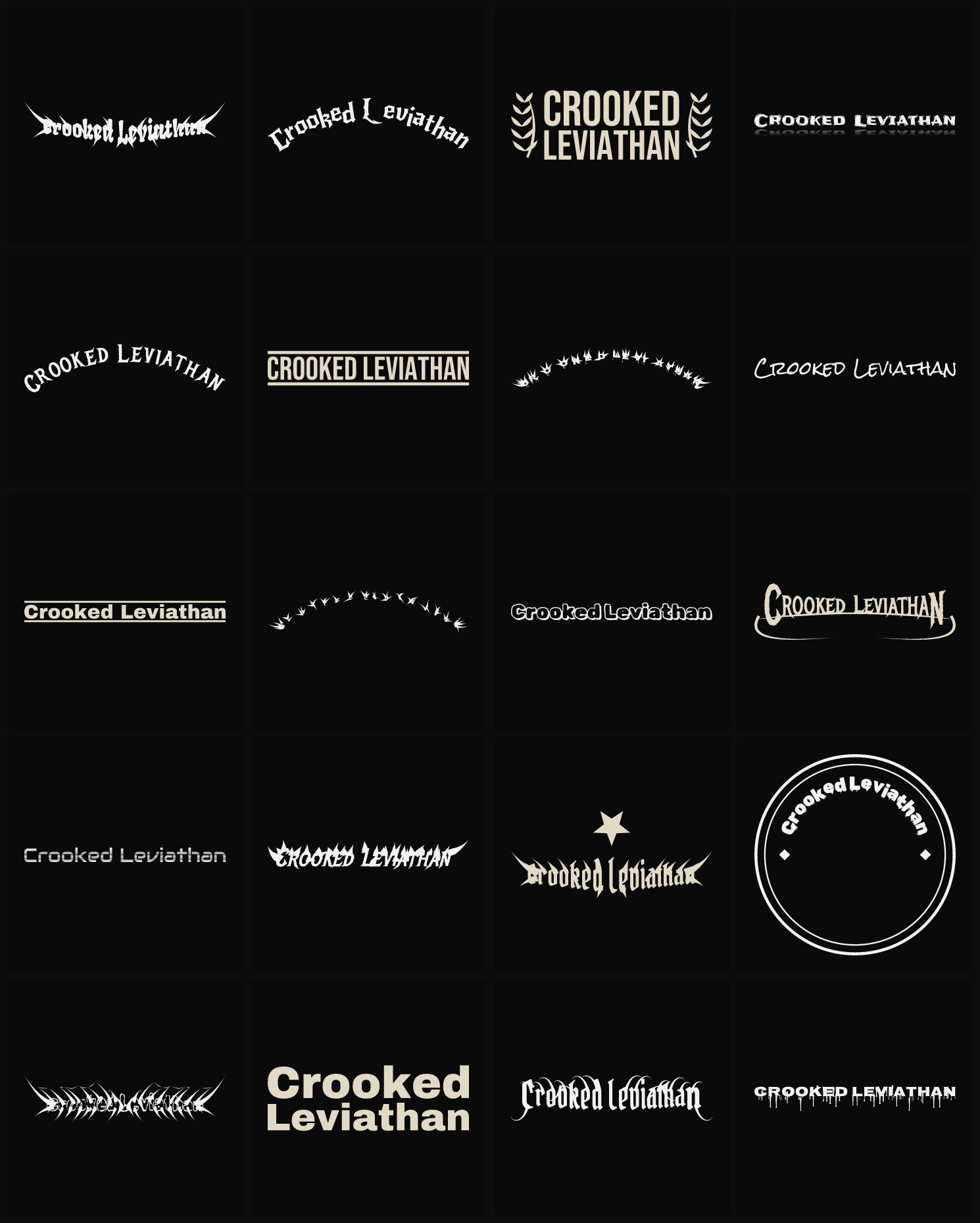 Twenty Crooked Leviathan band logo ideas — different faces, treatments and spike settings