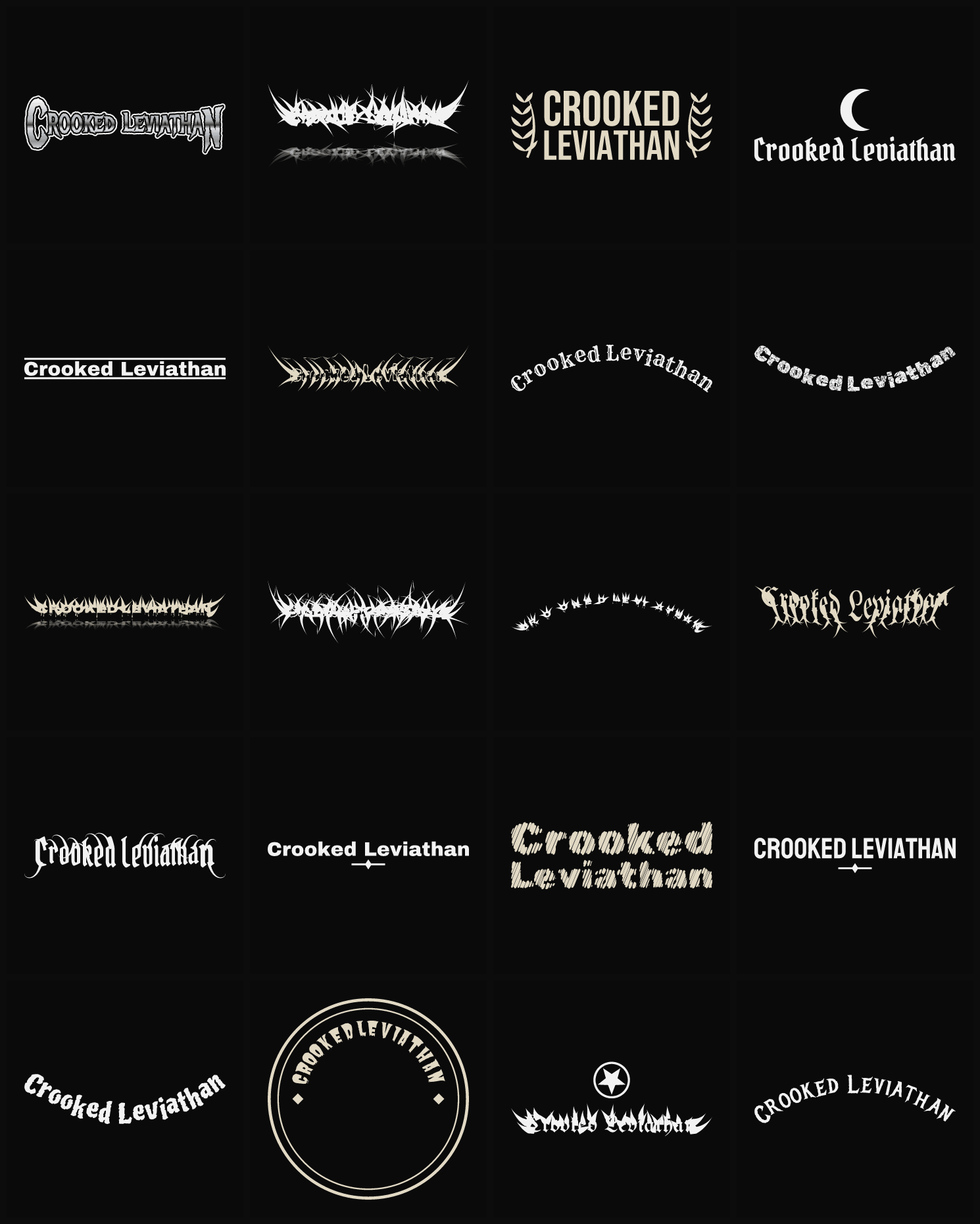 Twenty Crooked Leviathan band logo ideas — different faces, treatments and spike settings