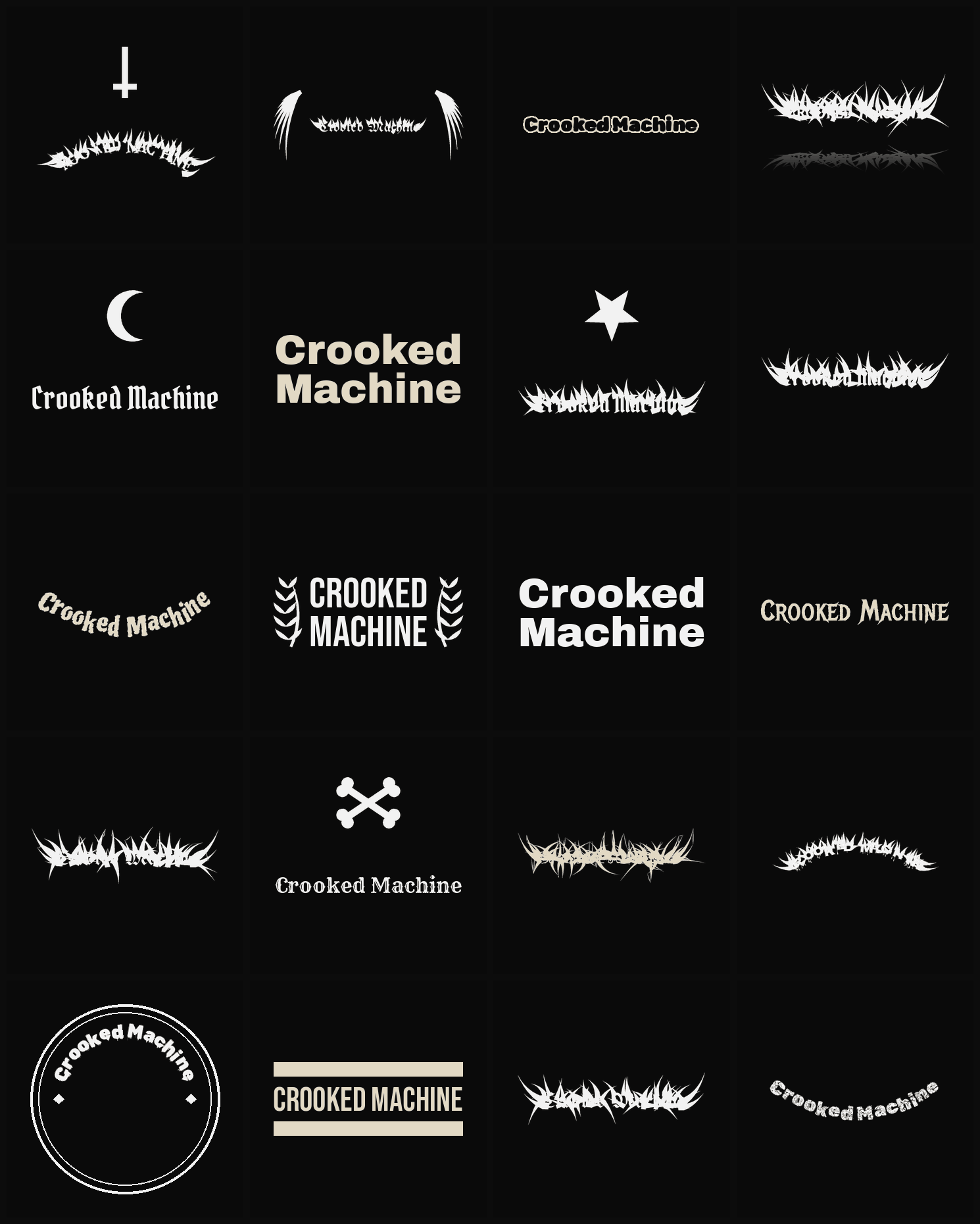 Twenty Crooked Machine band logo ideas — different faces, treatments and spike settings