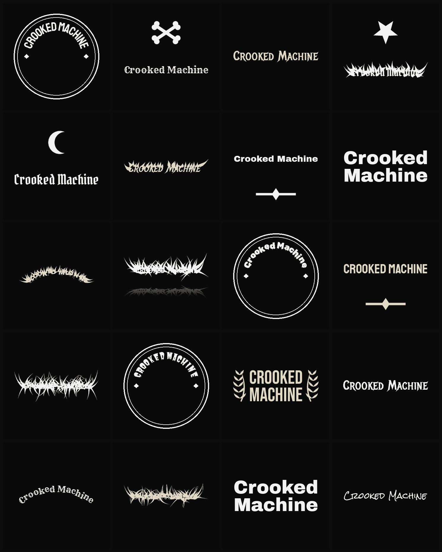 Twenty Crooked Machine band logo ideas — different faces, treatments and spike settings