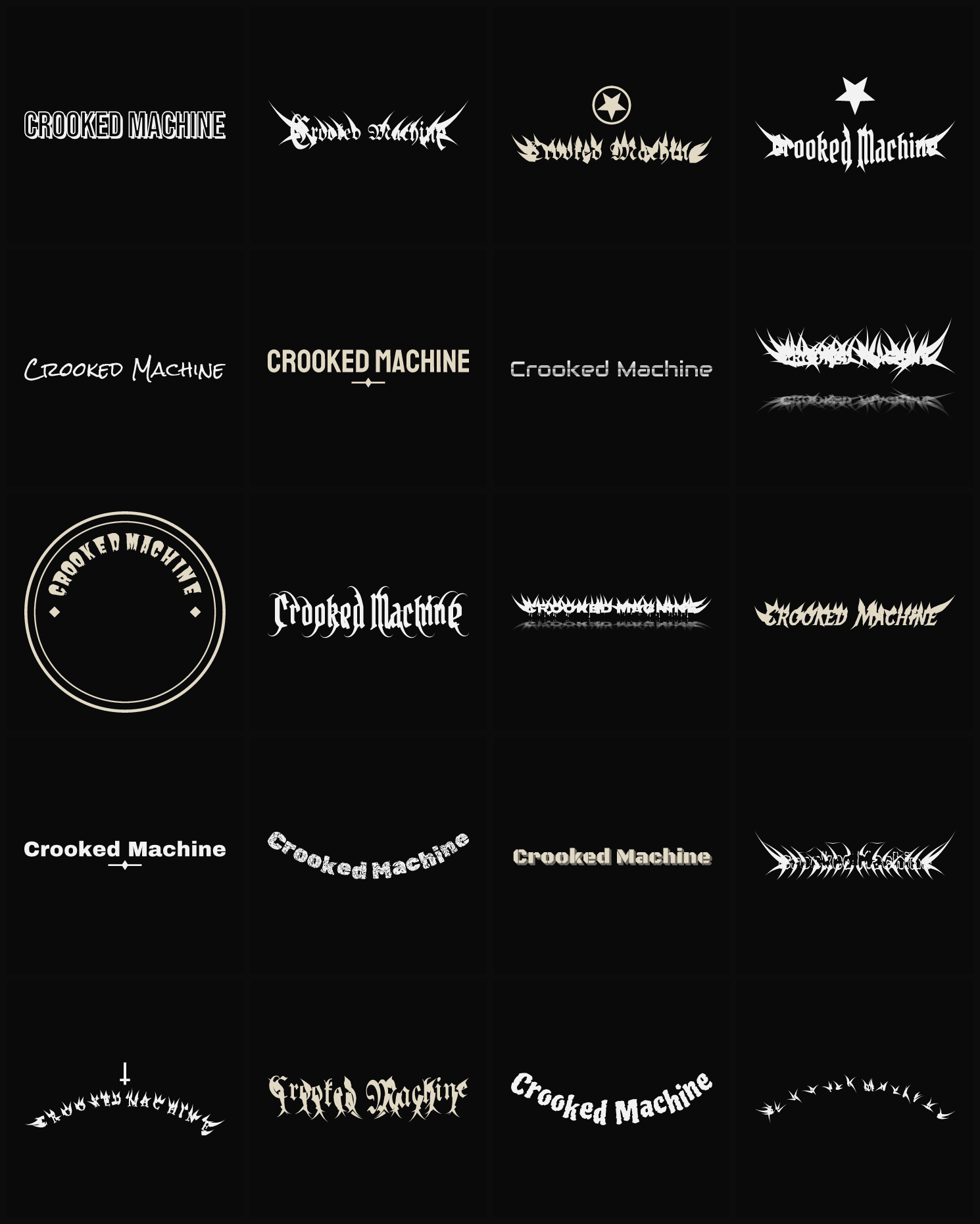 Twenty Crooked Machine band logo ideas — different faces, treatments and spike settings