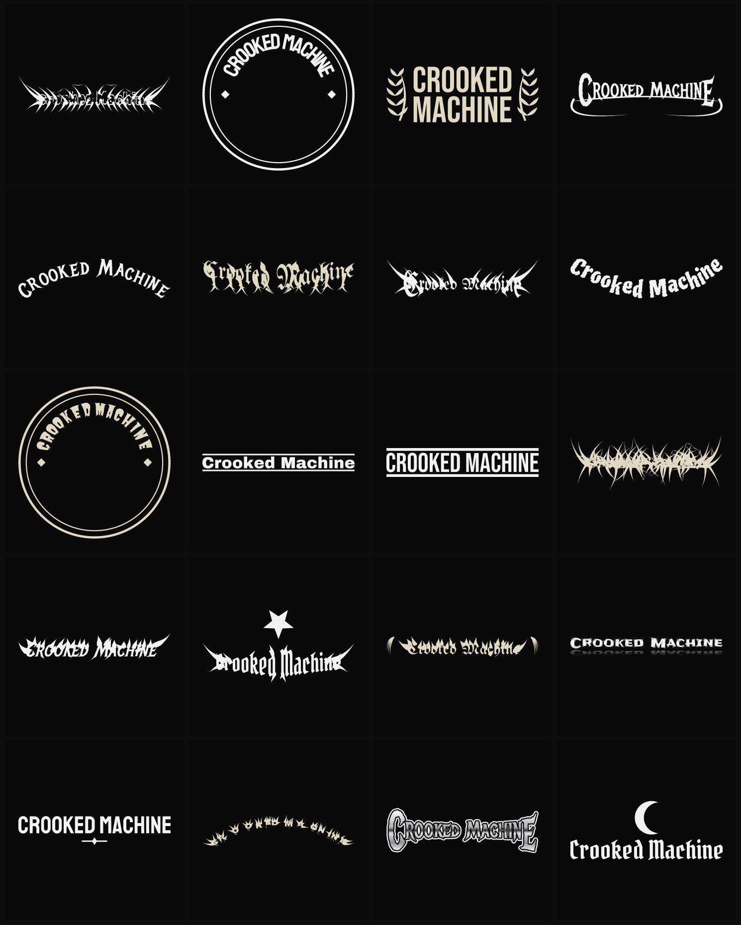 Twenty Crooked Machine band logo ideas — different faces, treatments and spike settings