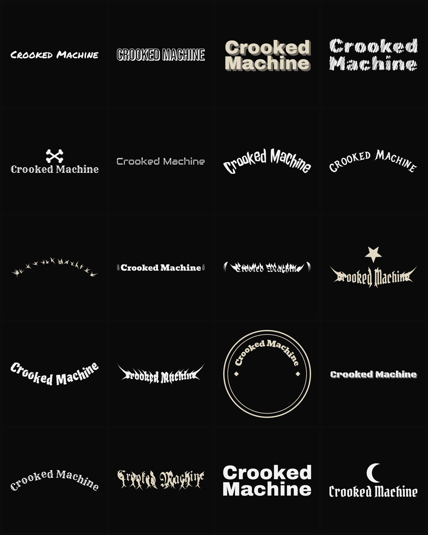 Twenty Crooked Machine band logo ideas — different faces, treatments and spike settings