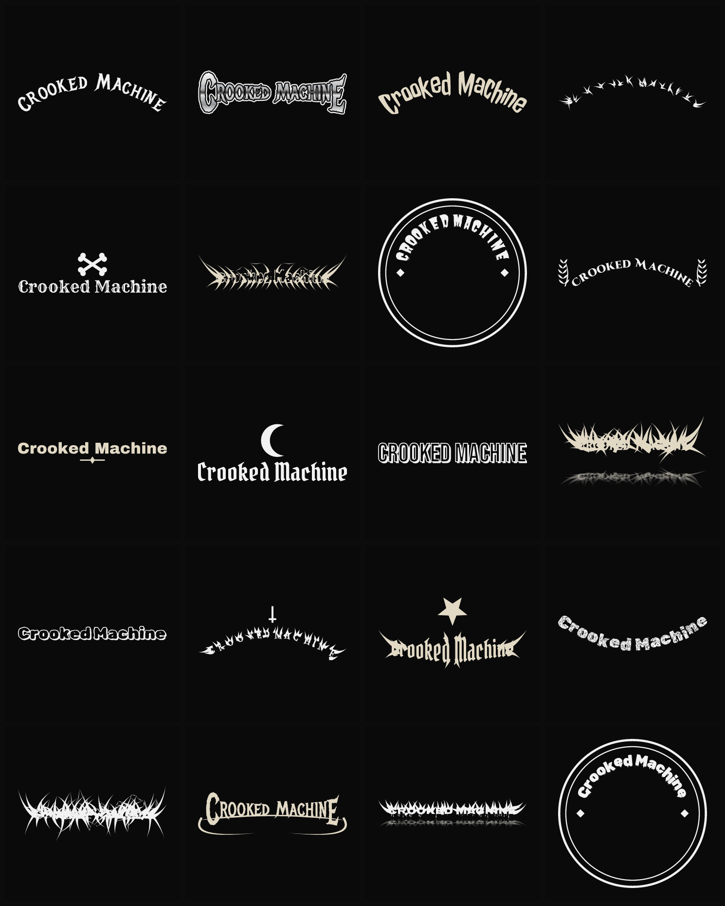 Twenty Crooked Machine band logo ideas — different faces, treatments and spike settings