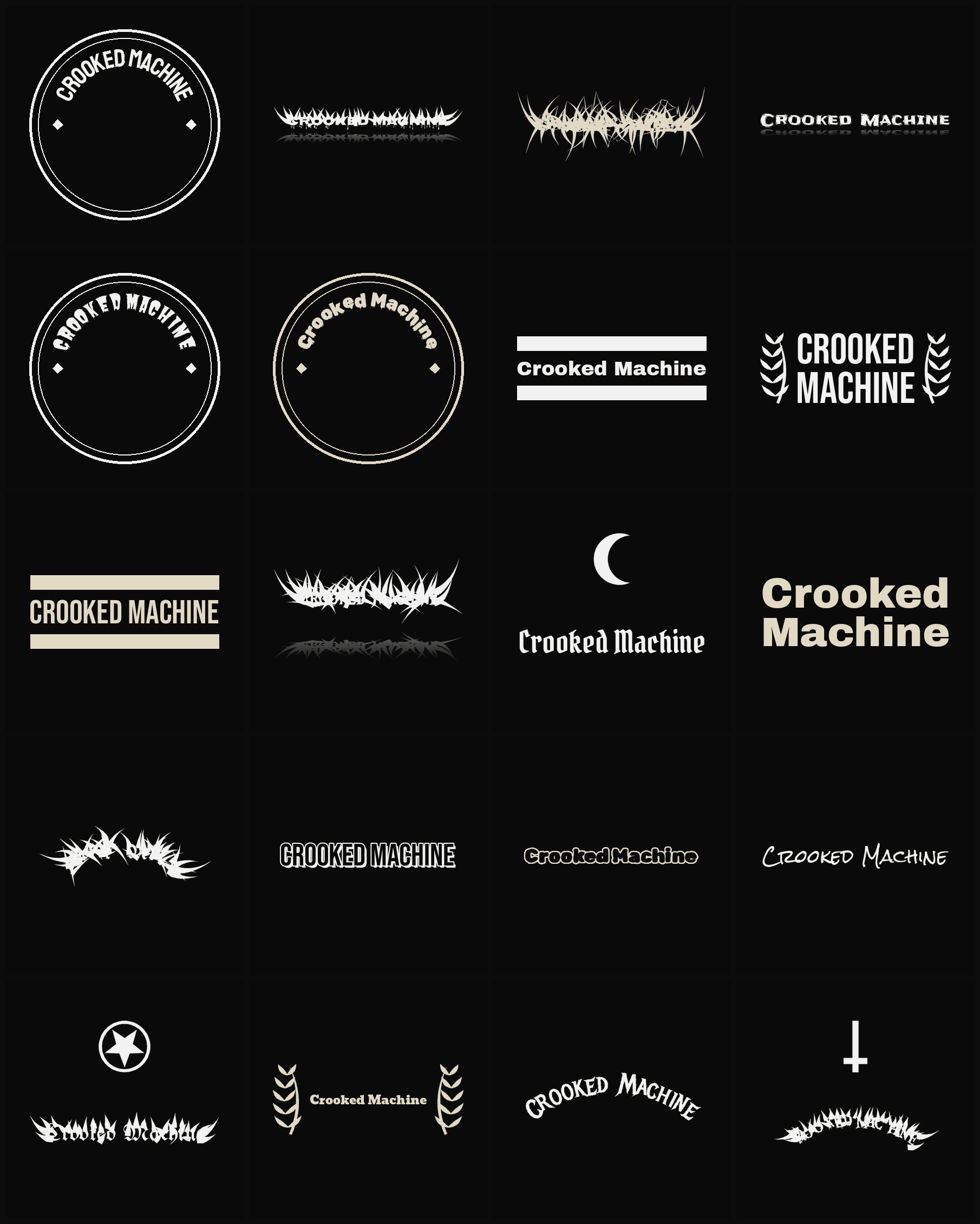 Twenty Crooked Machine band logo ideas — different faces, treatments and spike settings