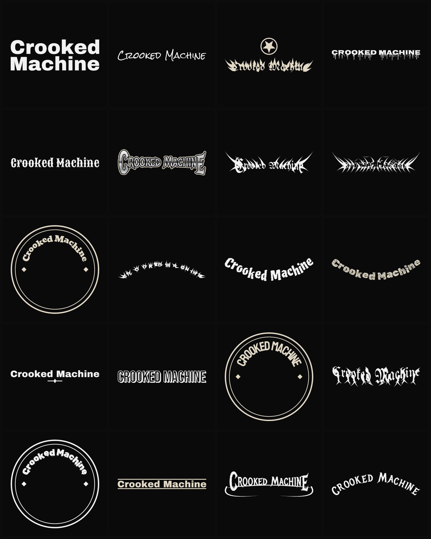 Twenty Crooked Machine band logo ideas — different faces, treatments and spike settings
