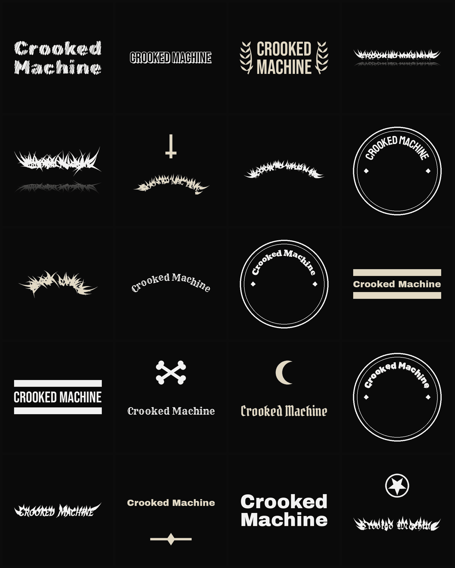 Twenty Crooked Machine band logo ideas — different faces, treatments and spike settings