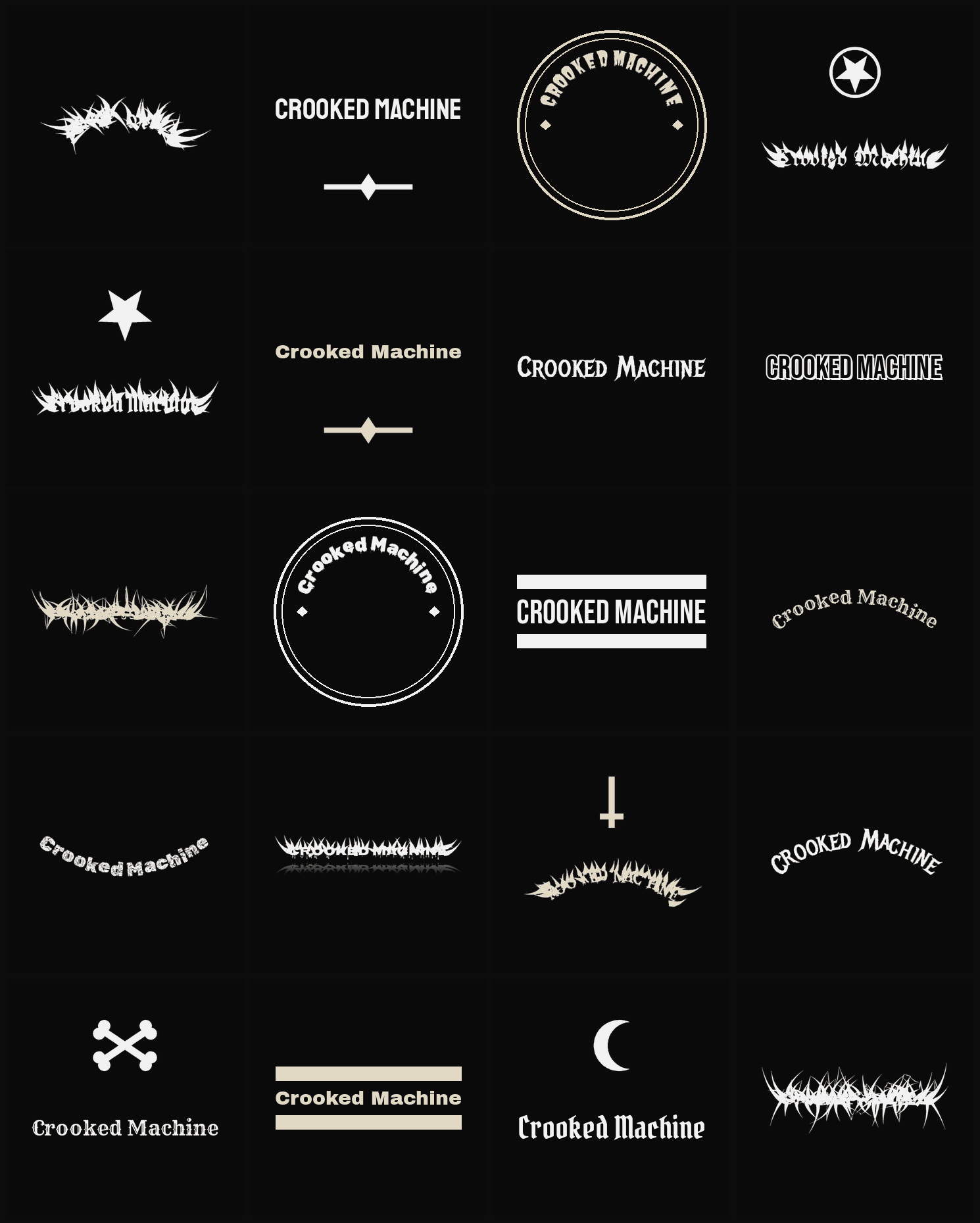 Twenty Crooked Machine band logo ideas — different faces, treatments and spike settings
