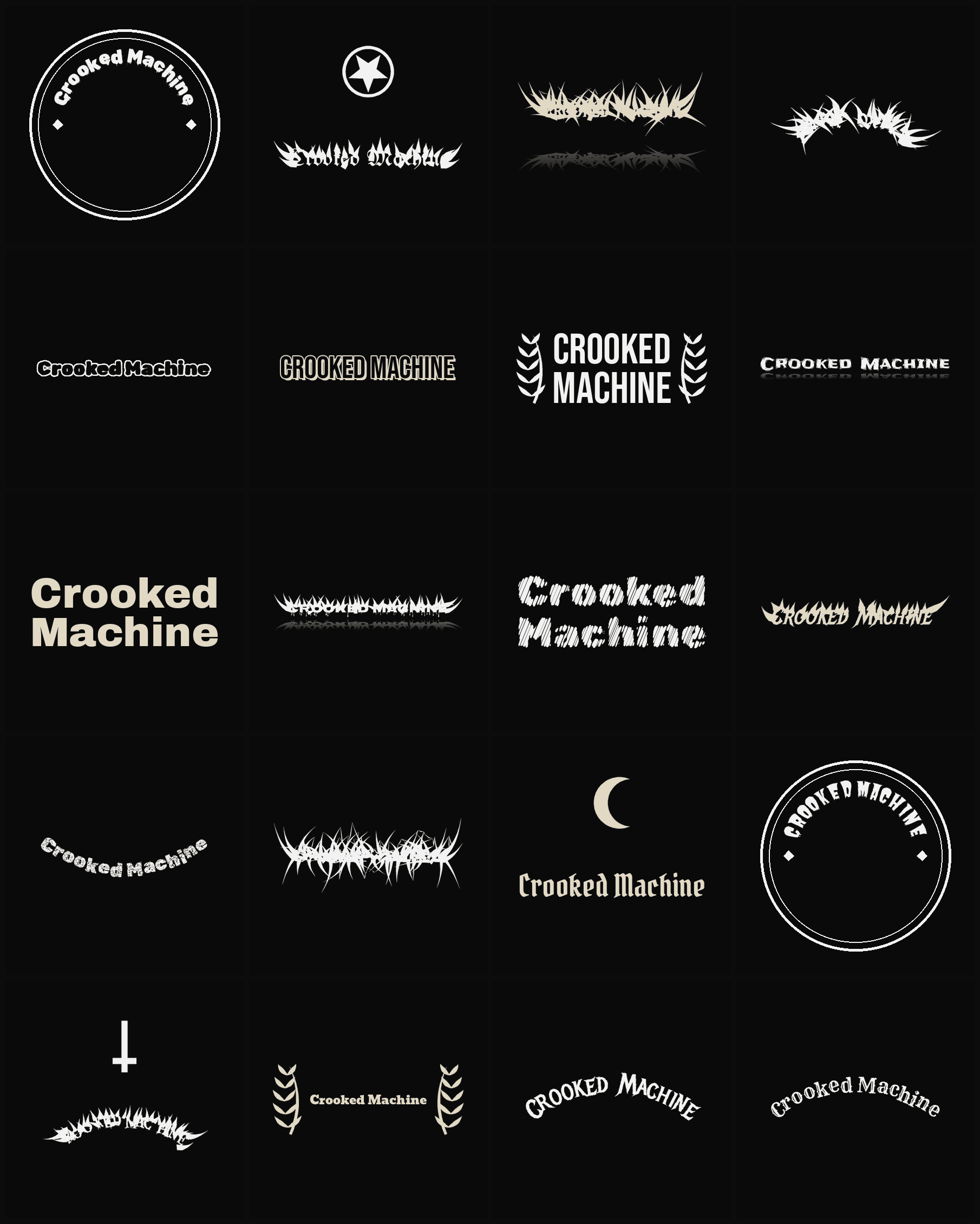 Twenty Crooked Machine band logo ideas — different faces, treatments and spike settings