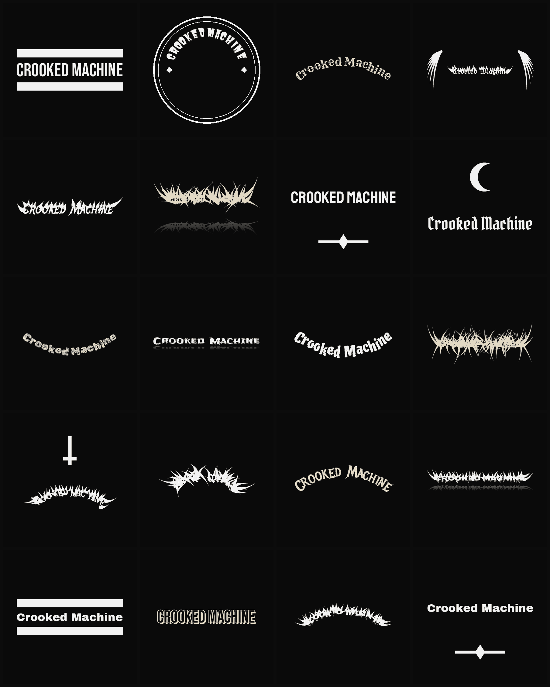 Twenty Crooked Machine band logo ideas — different faces, treatments and spike settings