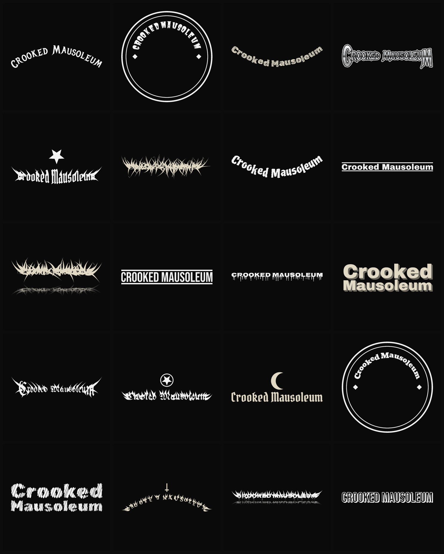 Twenty Crooked Mausoleum band logo ideas — different faces, treatments and spike settings