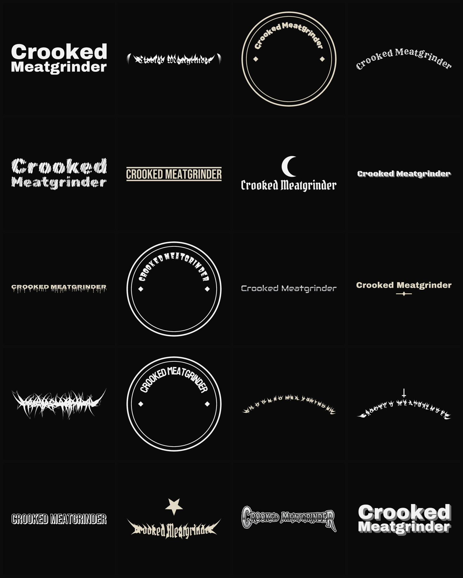 Twenty Crooked Meatgrinder band logo ideas — different faces, treatments and spike settings