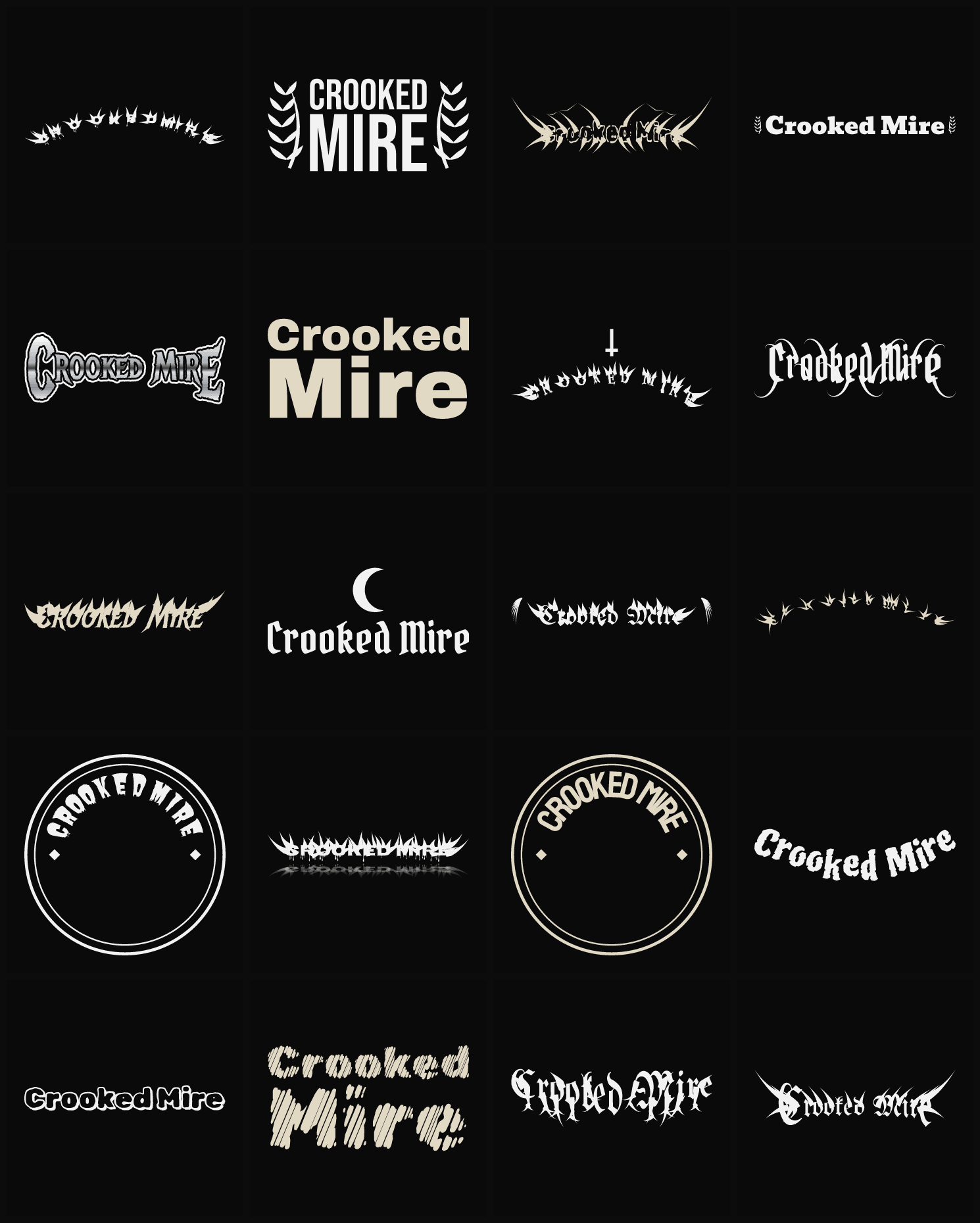 Twenty Crooked Mire band logo ideas — different faces, treatments and spike settings