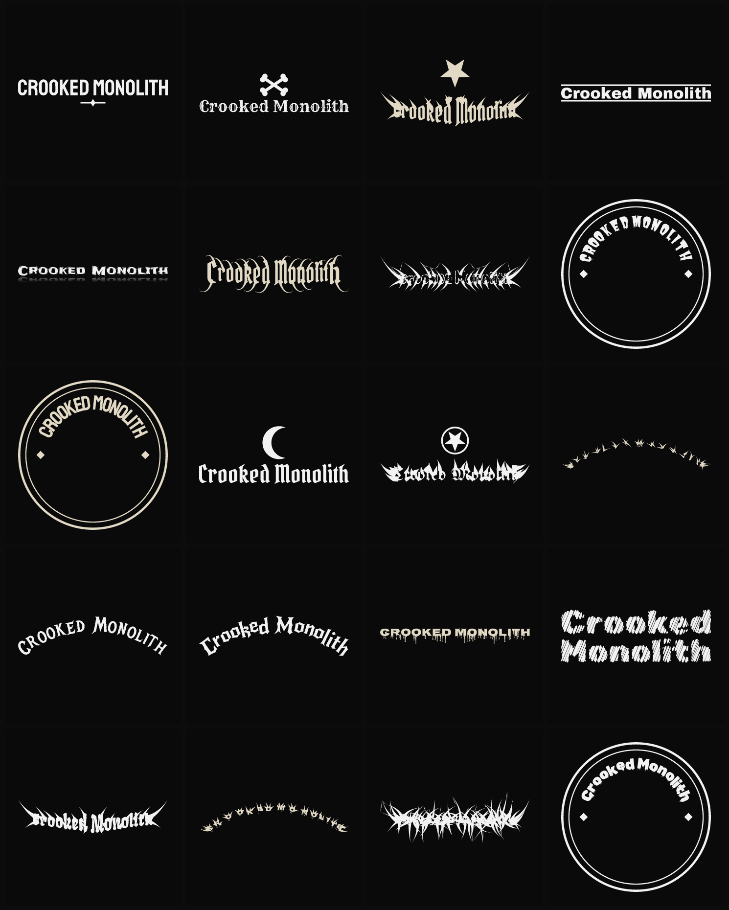 Twenty Crooked Monolith band logo ideas — different faces, treatments and spike settings
