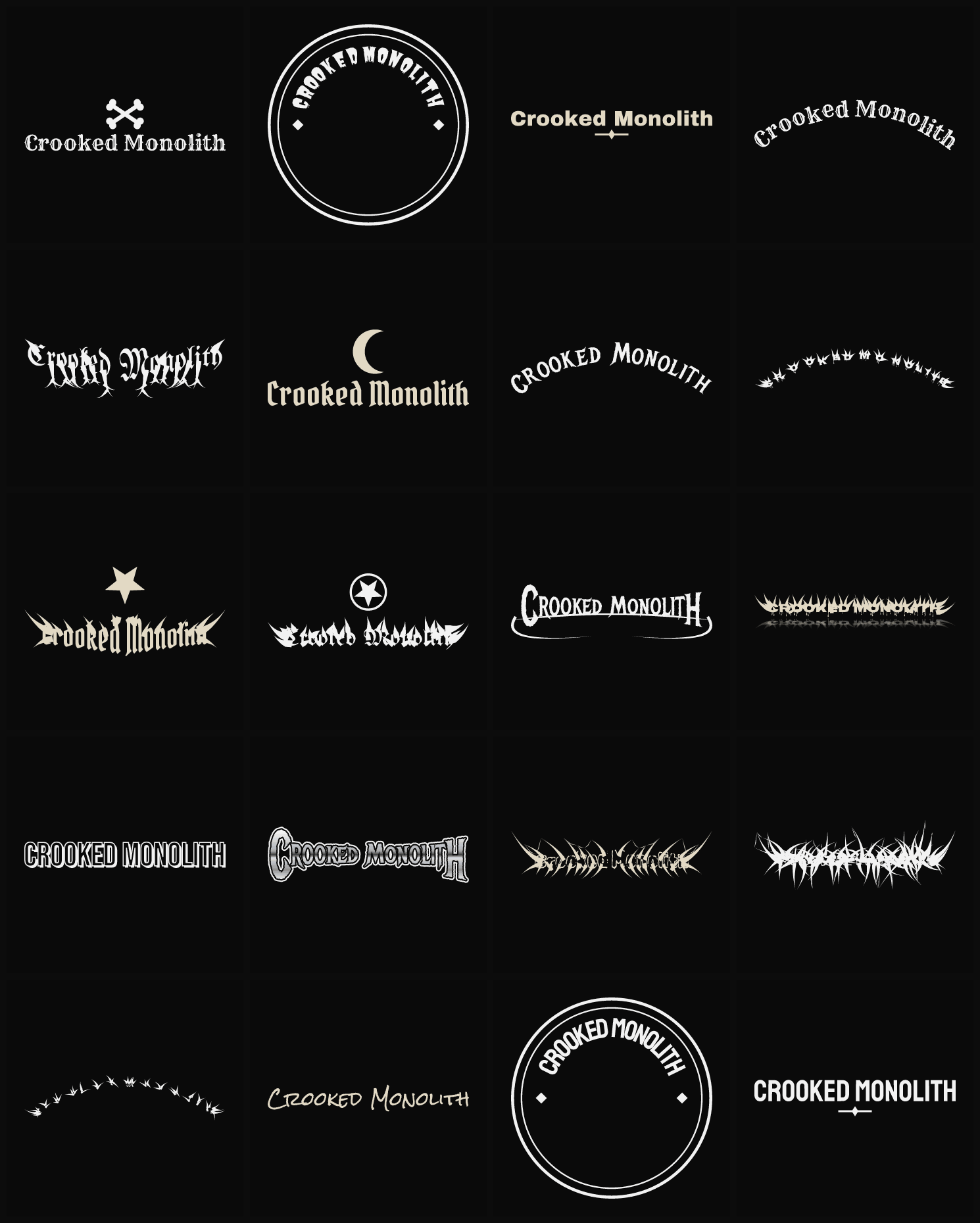 Twenty Crooked Monolith band logo ideas — different faces, treatments and spike settings