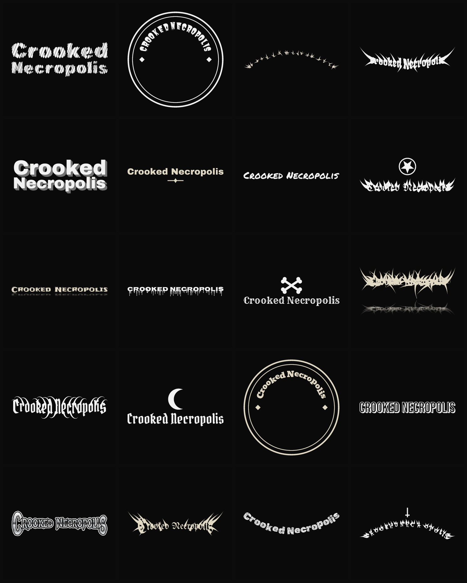 Twenty Crooked Necropolis band logo ideas — different faces, treatments and spike settings
