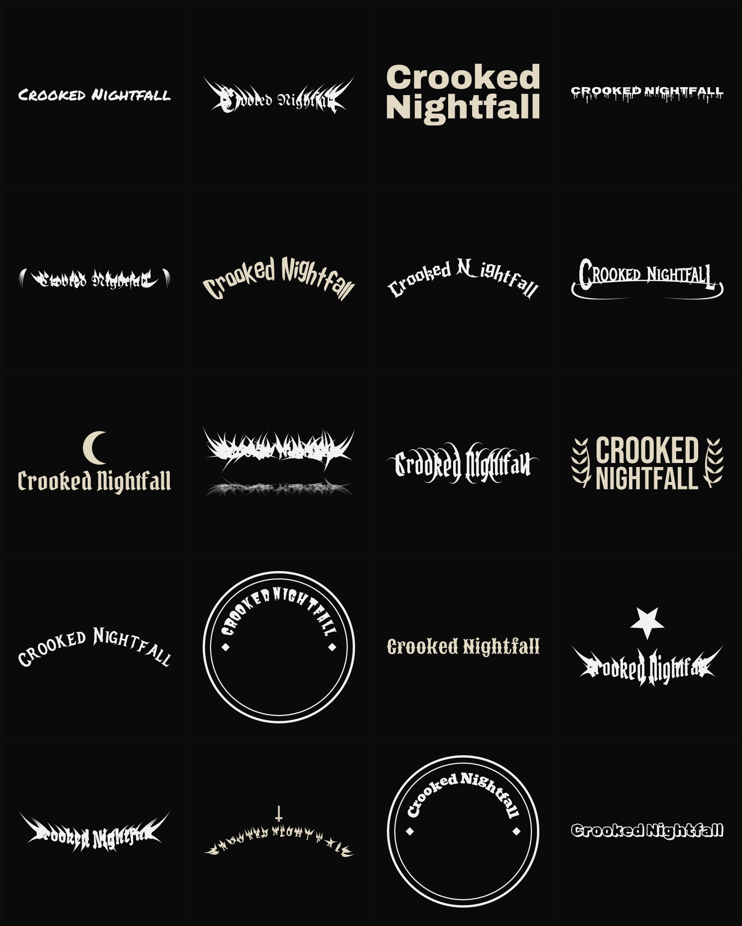 Twenty Crooked Nightfall band logo ideas — different faces, treatments and spike settings