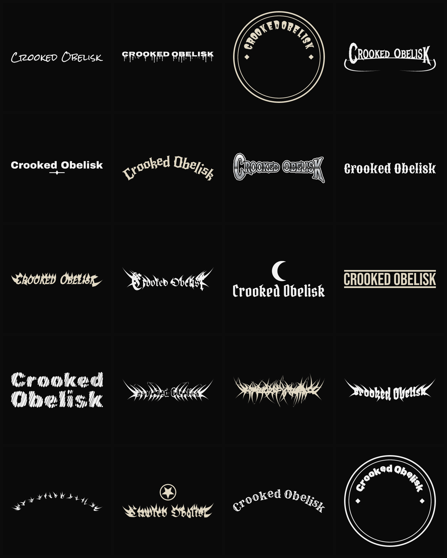 Twenty Crooked Obelisk band logo ideas — different faces, treatments and spike settings