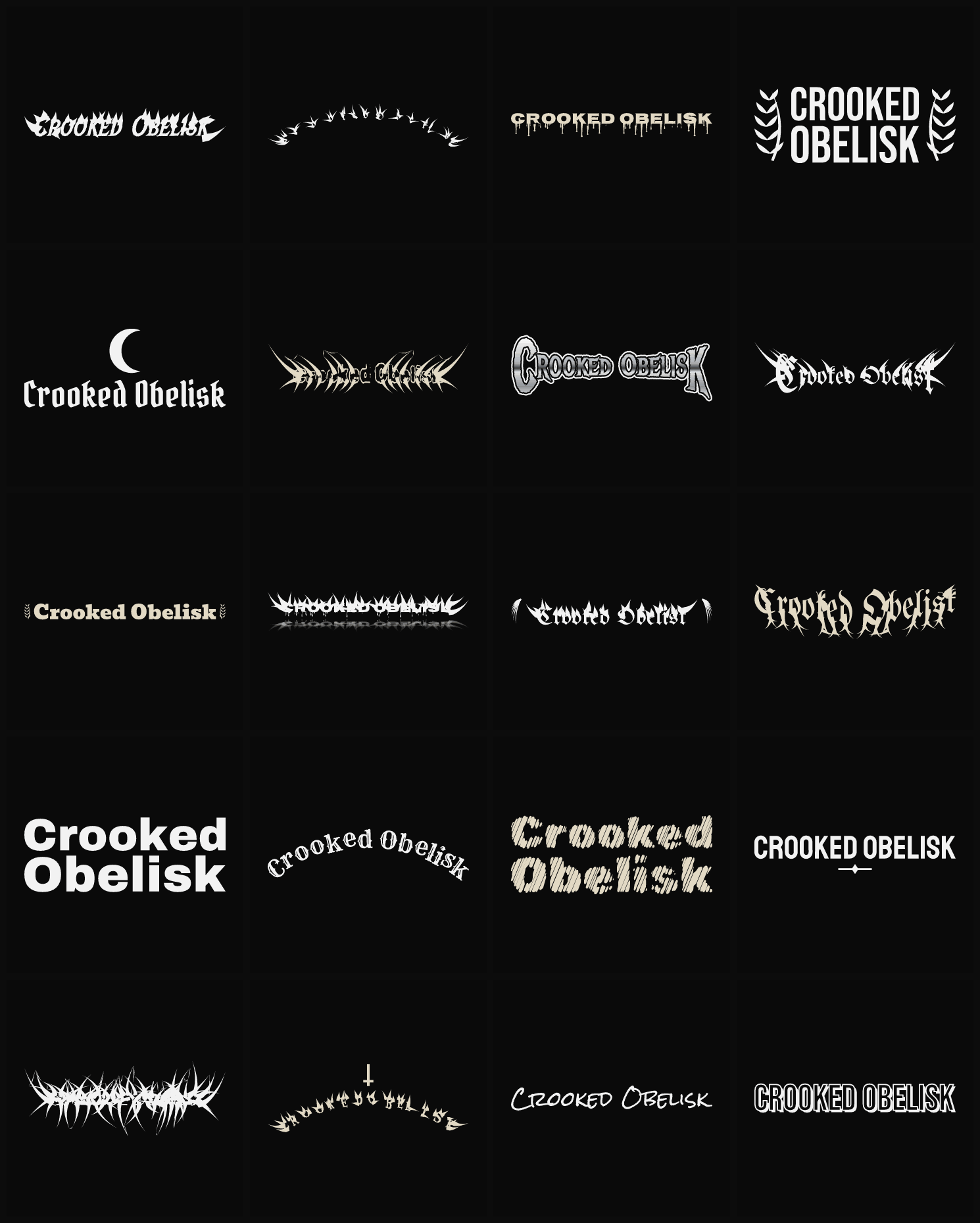 Twenty Crooked Obelisk band logo ideas — different faces, treatments and spike settings