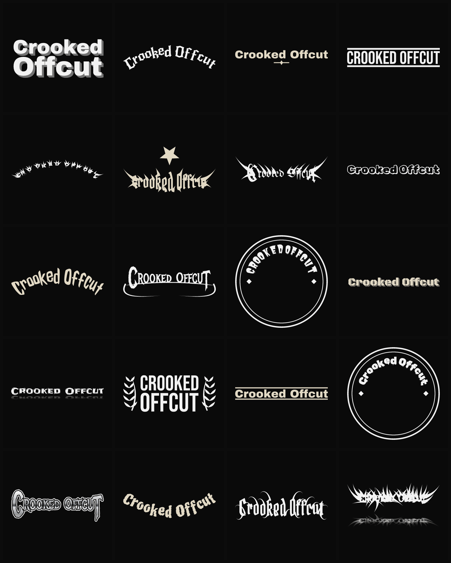 Twenty Crooked Offcut band logo ideas — different faces, treatments and spike settings