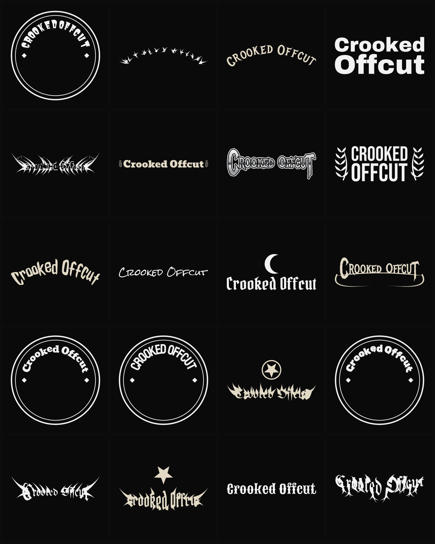Twenty Crooked Offcut band logo ideas — different faces, treatments and spike settings