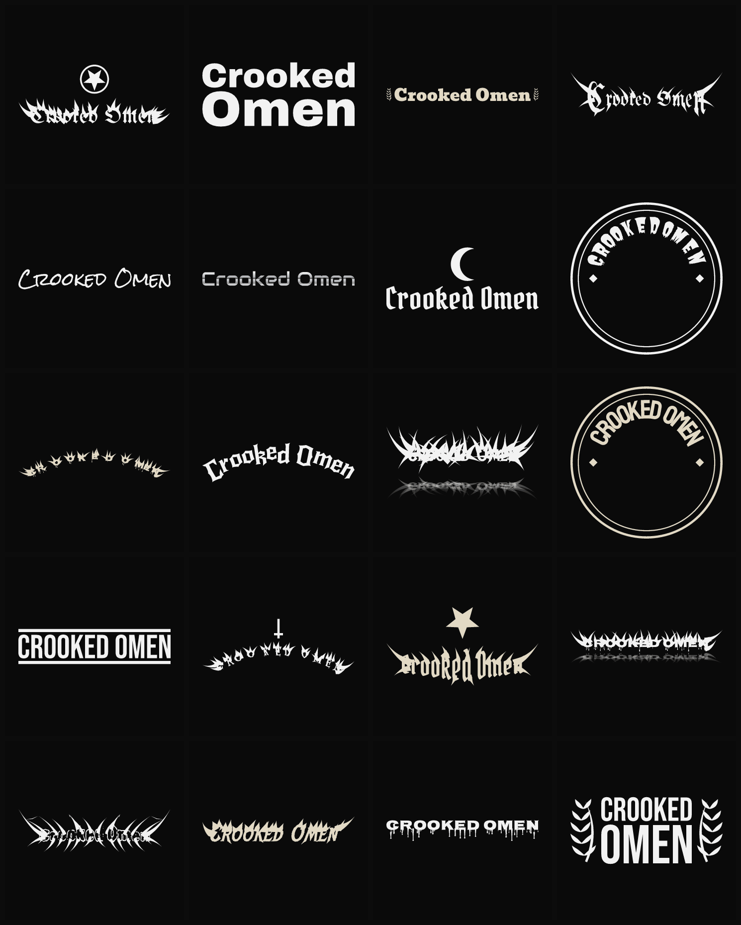 Twenty Crooked Omen band logo ideas — different faces, treatments and spike settings