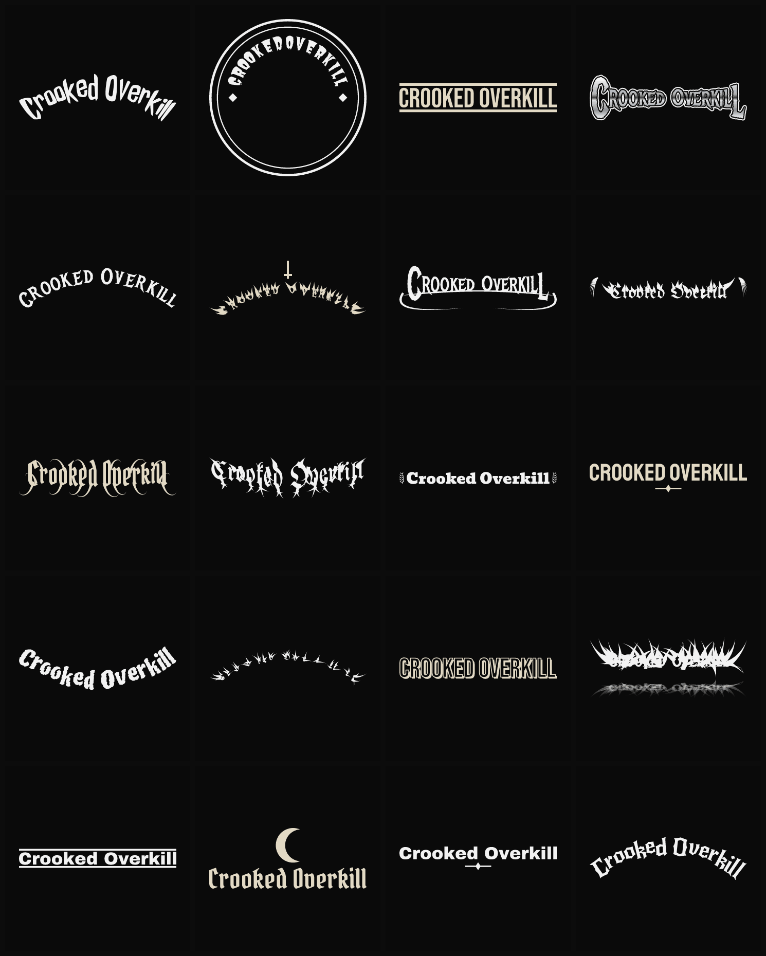 Twenty Crooked Overkill band logo ideas — different faces, treatments and spike settings