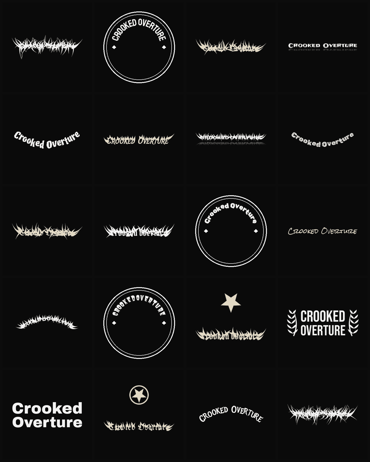 Twenty Crooked Overture band logo ideas — different faces, treatments and spike settings