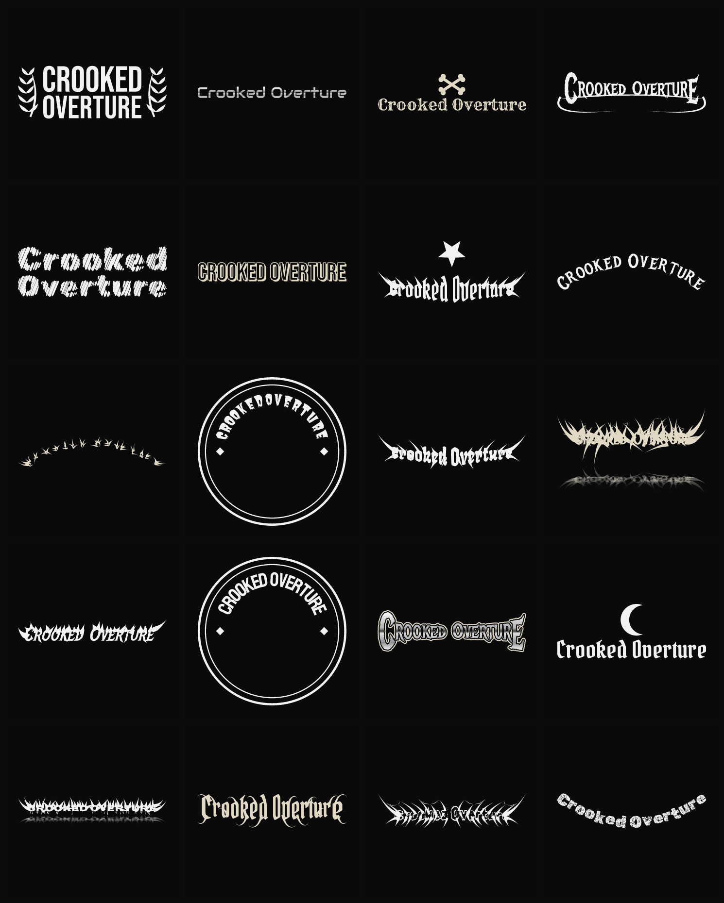 Twenty Crooked Overture band logo ideas — different faces, treatments and spike settings