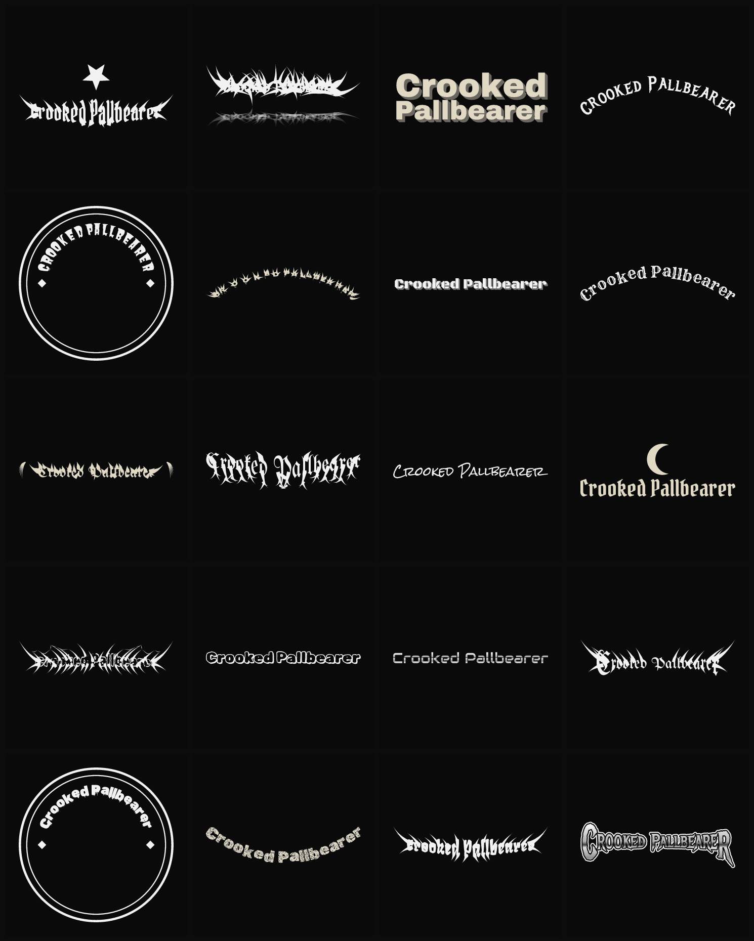 Twenty Crooked Pallbearer band logo ideas — different faces, treatments and spike settings