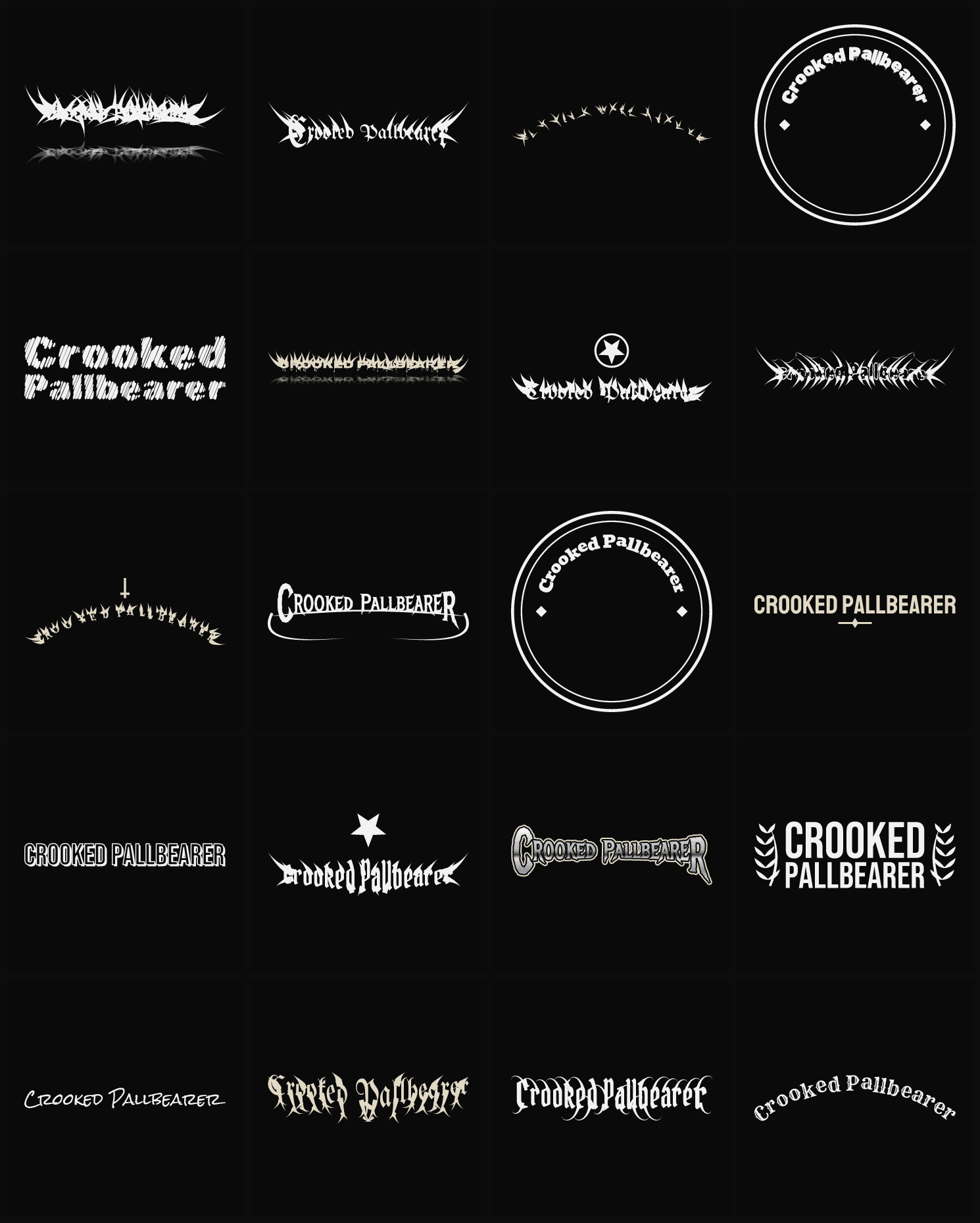 Twenty Crooked Pallbearer band logo ideas — different faces, treatments and spike settings
