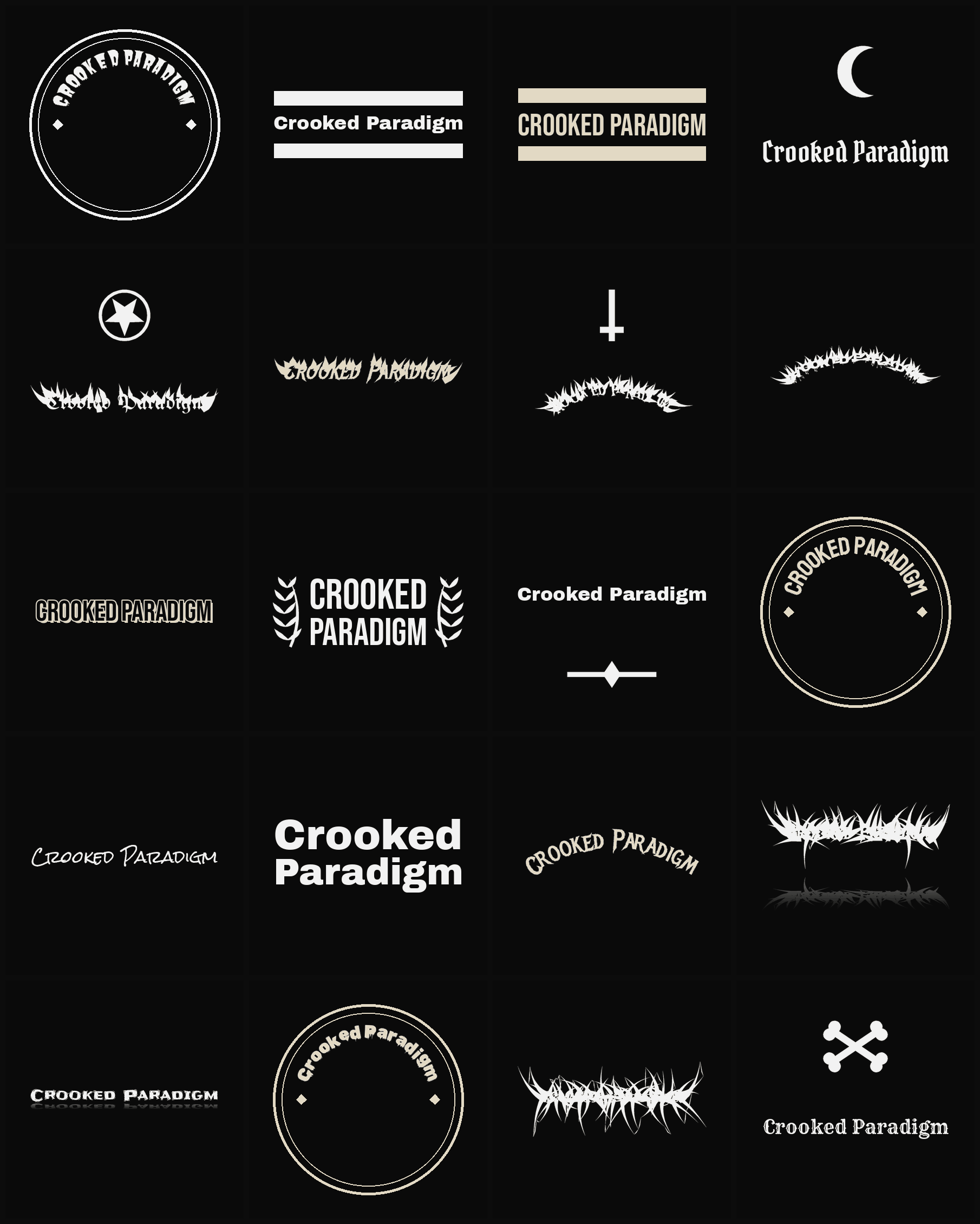 Twenty Crooked Paradigm band logo ideas — different faces, treatments and spike settings