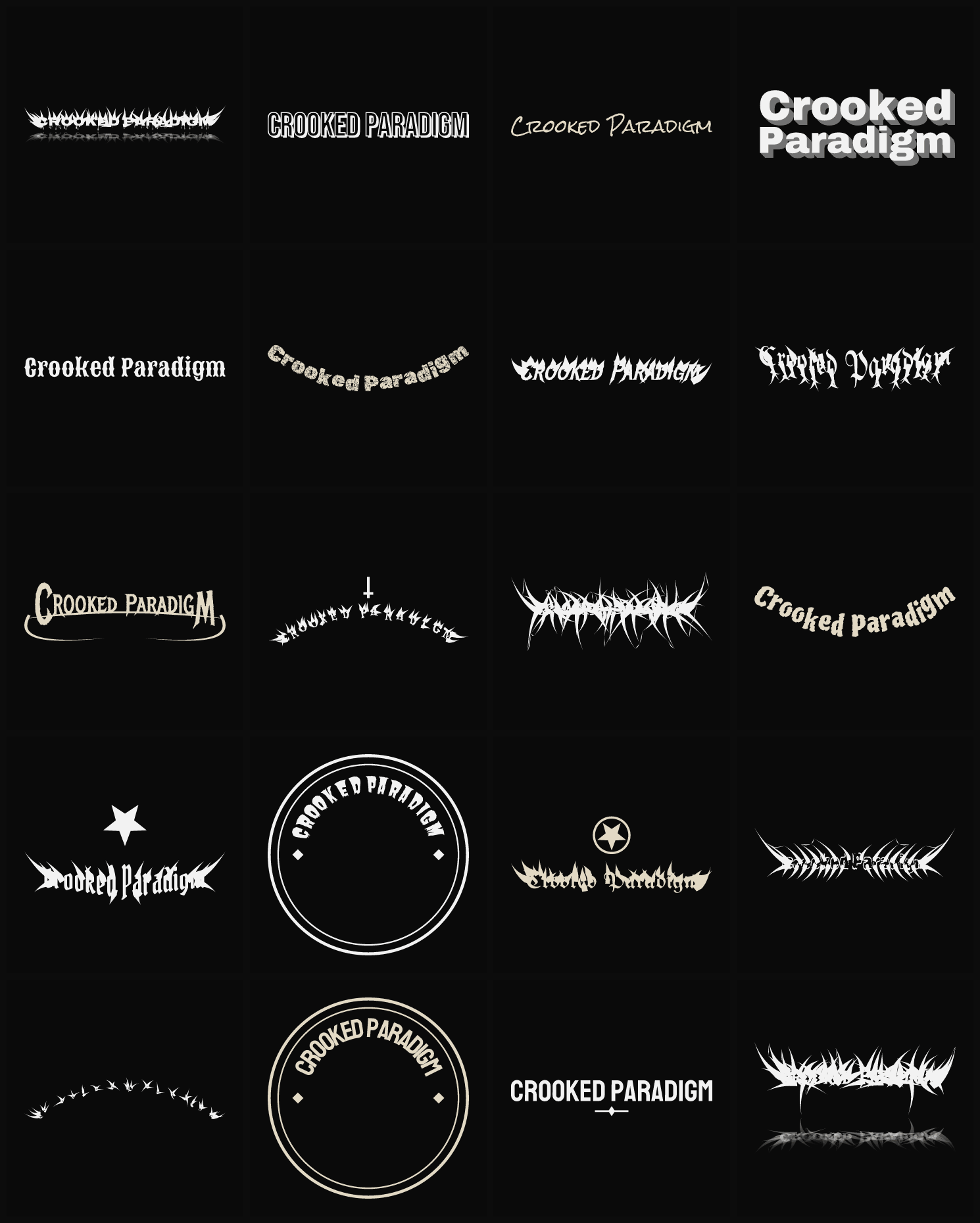Twenty Crooked Paradigm band logo ideas — different faces, treatments and spike settings