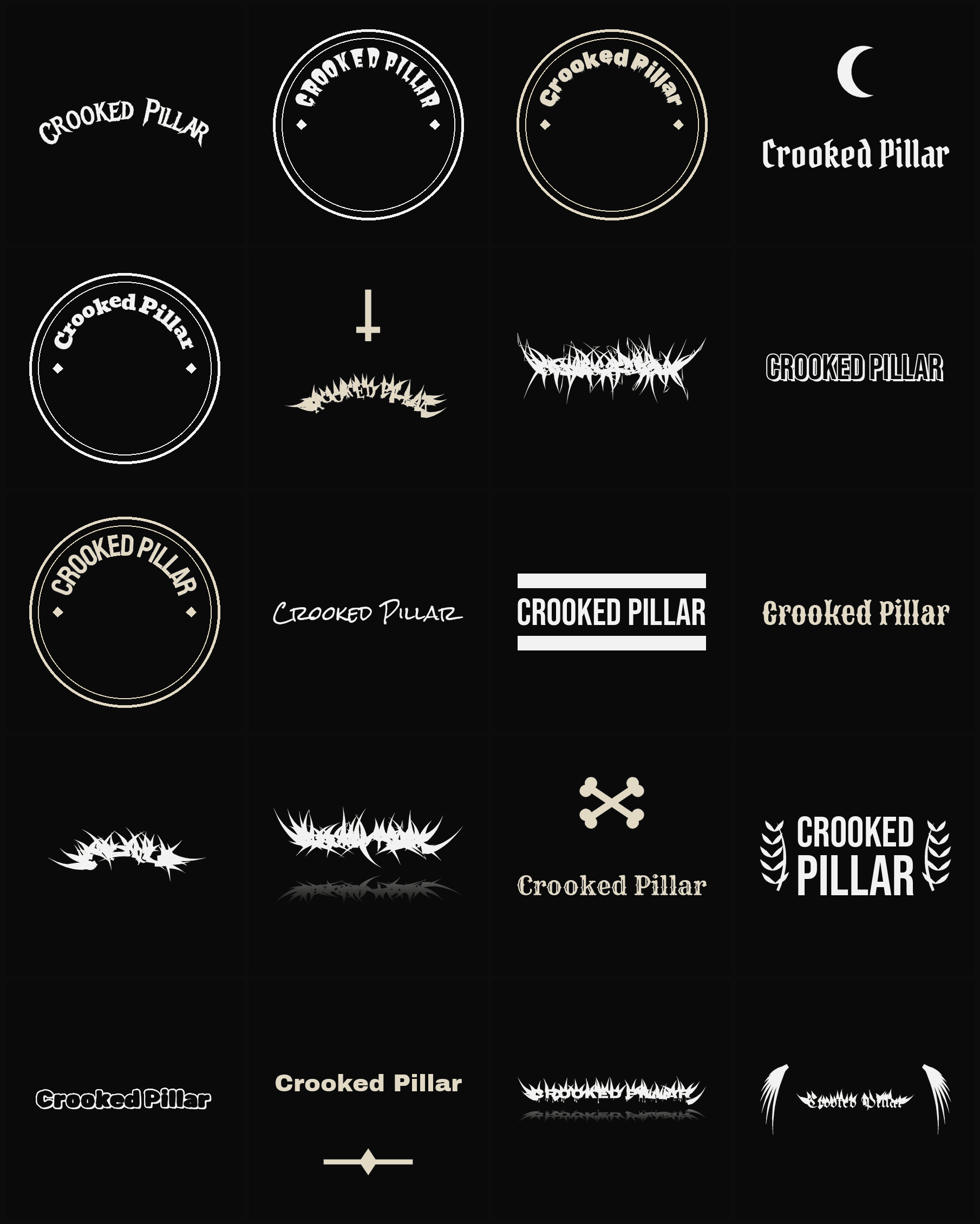 Twenty Crooked Pillar band logo ideas — different faces, treatments and spike settings